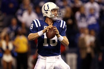 INDIANAPOLIS, IN - JANUARY 08:  Quarterback Peyton Manning #18 of the Indianapolis Colts looks to pass against the New York Jets during their 2011 AFC wild card playoff game at Lucas Oil Stadium on January 8, 2011 in Indianapolis, Indiana. The Jets won 17