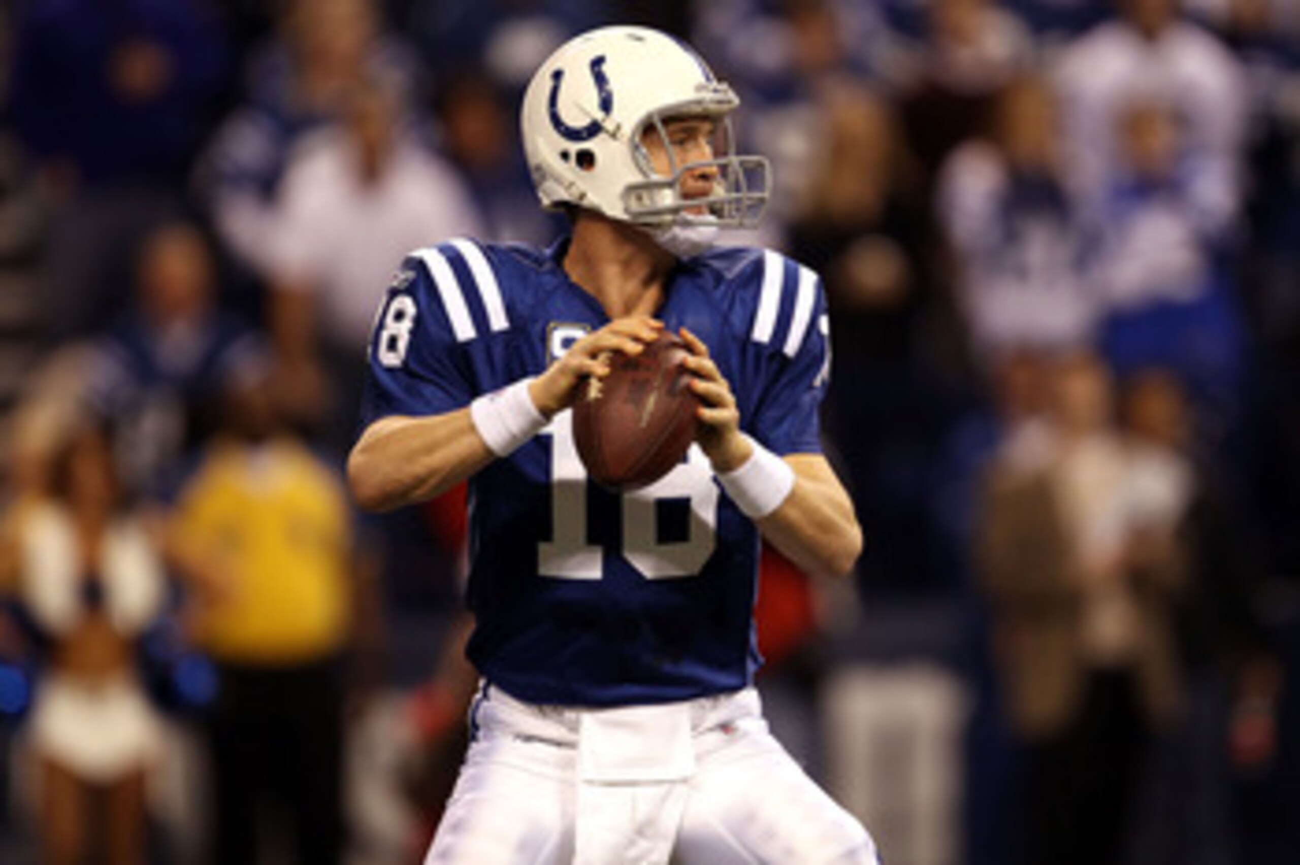 INDIANAPOLIS, IN - JANUARY 08:  Quarterback Peyton Manning #18 of the Indianapolis Colts looks to pass against the New York Jets during their 2011 AFC wild card playoff game at Lucas Oil Stadium on January 8, 2011 in Indianapolis, Indiana. The Jets won 17