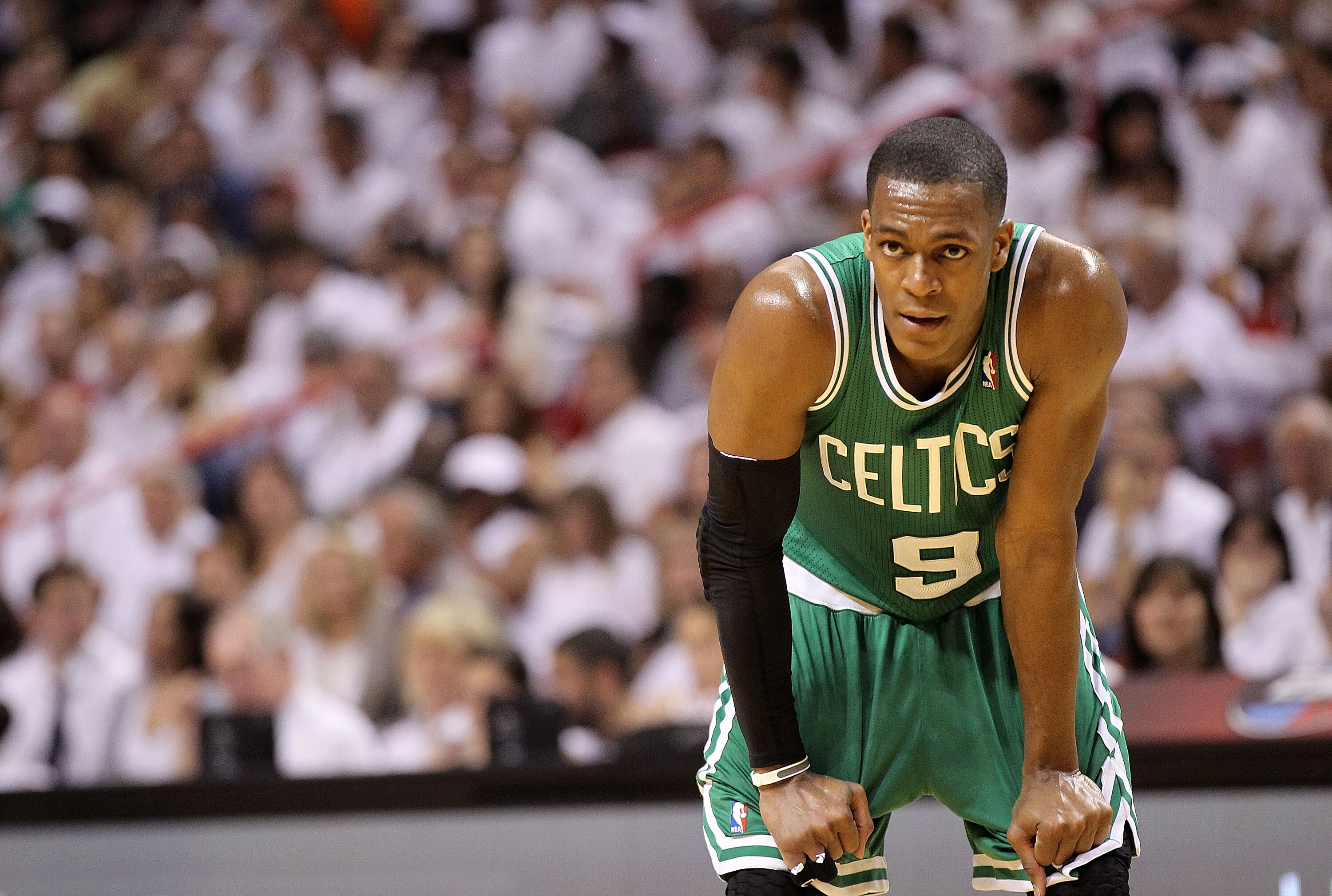 MIAMI, FL - MAY 01:  Rajon Rondo #9  of the Boston Celtics looks on  during Game One of the Eastern Conference Semifinals of the 2011 NBA Playoffs against the Miami Heat at American Airlines Arena on May 1, 2011 in Miami, Florida. NOTE TO USER: User expre