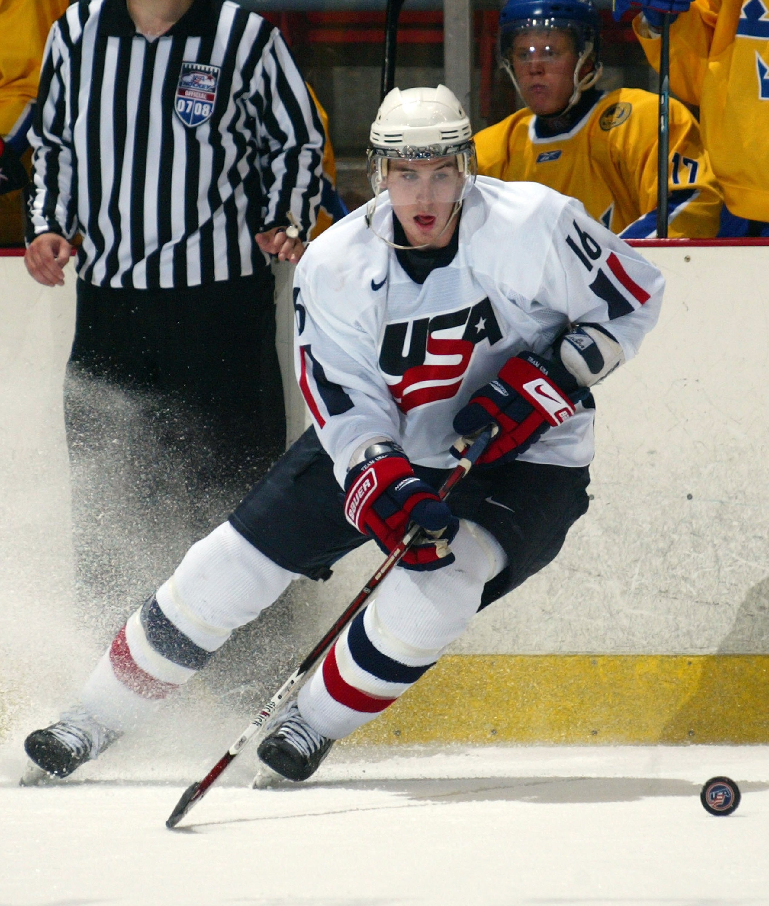 LAKE PLACID, NY - AUGUST 08: Jimmy Hayes #16 of Team USA skates against Team Sweden at the USA Hockey National Junior Evaluation Camp on August 8, 2008 at the Olympic Center in Lake Placid, New York.  (Photo by Bruce Bennett/Getty Images)