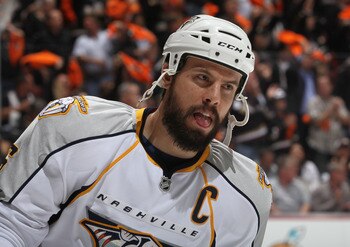 ANAHEIM, CA - APRIL 15:  Shea Weber #6 of the Nashville Predators skates prior to the start of Game Two of the Western Conference Quarterfinals against the Anaheim Ducks during the 2011 NHL Stanley Cup Playoffs at Honda Center on April 15, 2011 in Anaheim