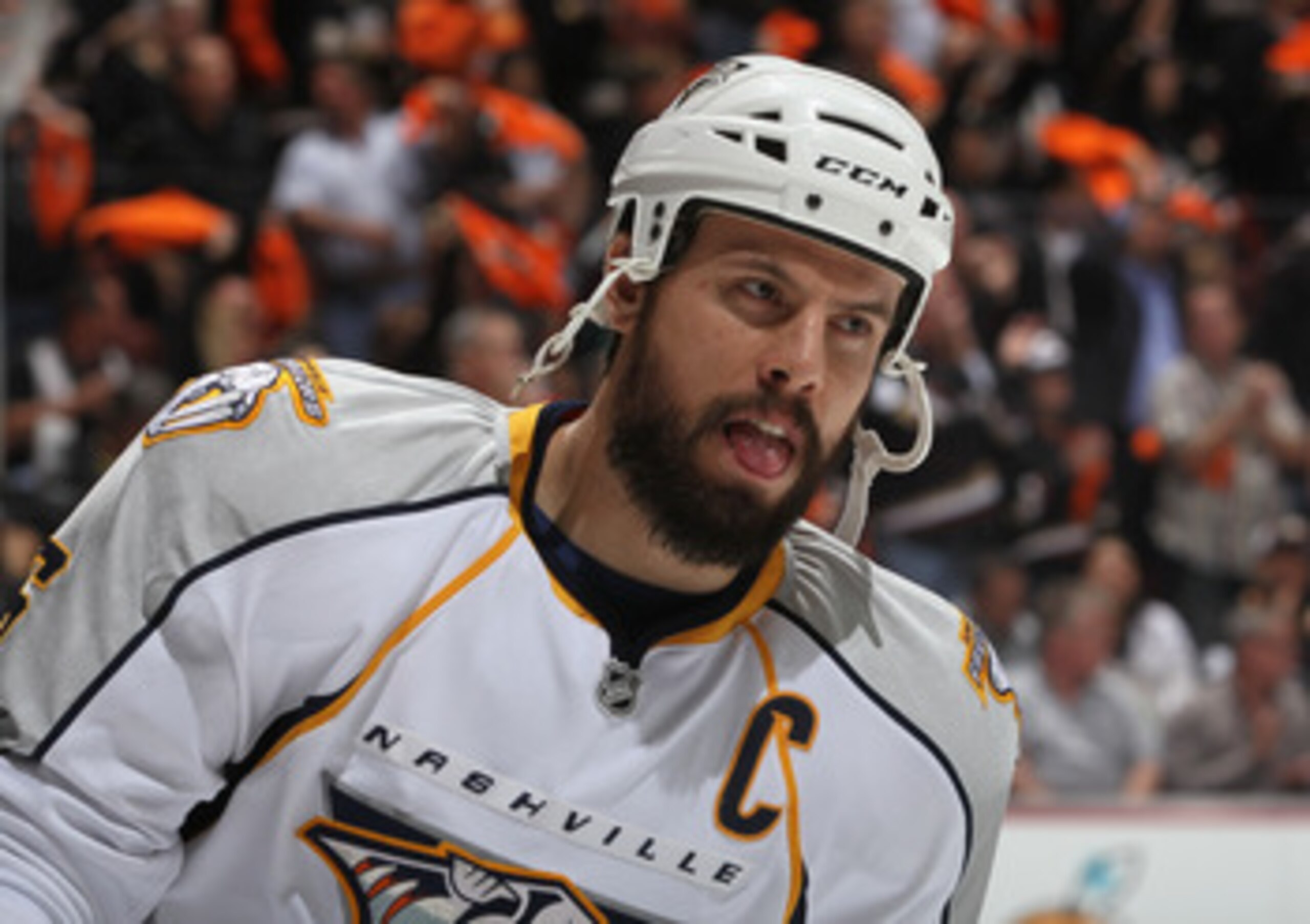 ANAHEIM, CA - APRIL 15:  Shea Weber #6 of the Nashville Predators skates prior to the start of Game Two of the Western Conference Quarterfinals against the Anaheim Ducks during the 2011 NHL Stanley Cup Playoffs at Honda Center on April 15, 2011 in Anaheim