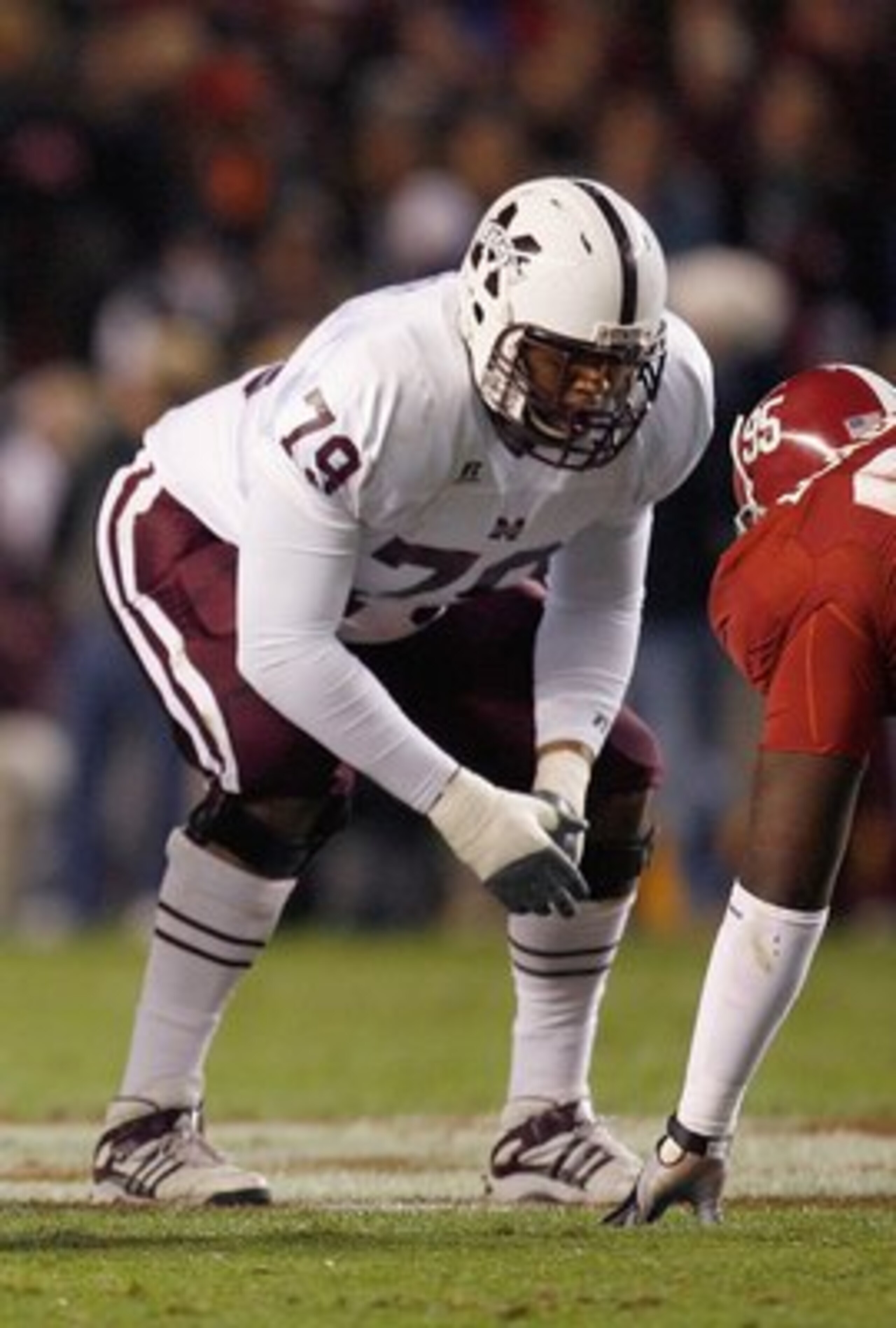 TUSCALOOSA, AL - NOVEMBER 15:  J.C. Brignone #70 and Derek Sherrod #79of the Mississippi State Bulldogs get ready on the line of scrimmage during the game against the Alabama Crimson Tide at Bryant-Denny Stadium on November 15, 2008 in Tuscaloosa, Alabama