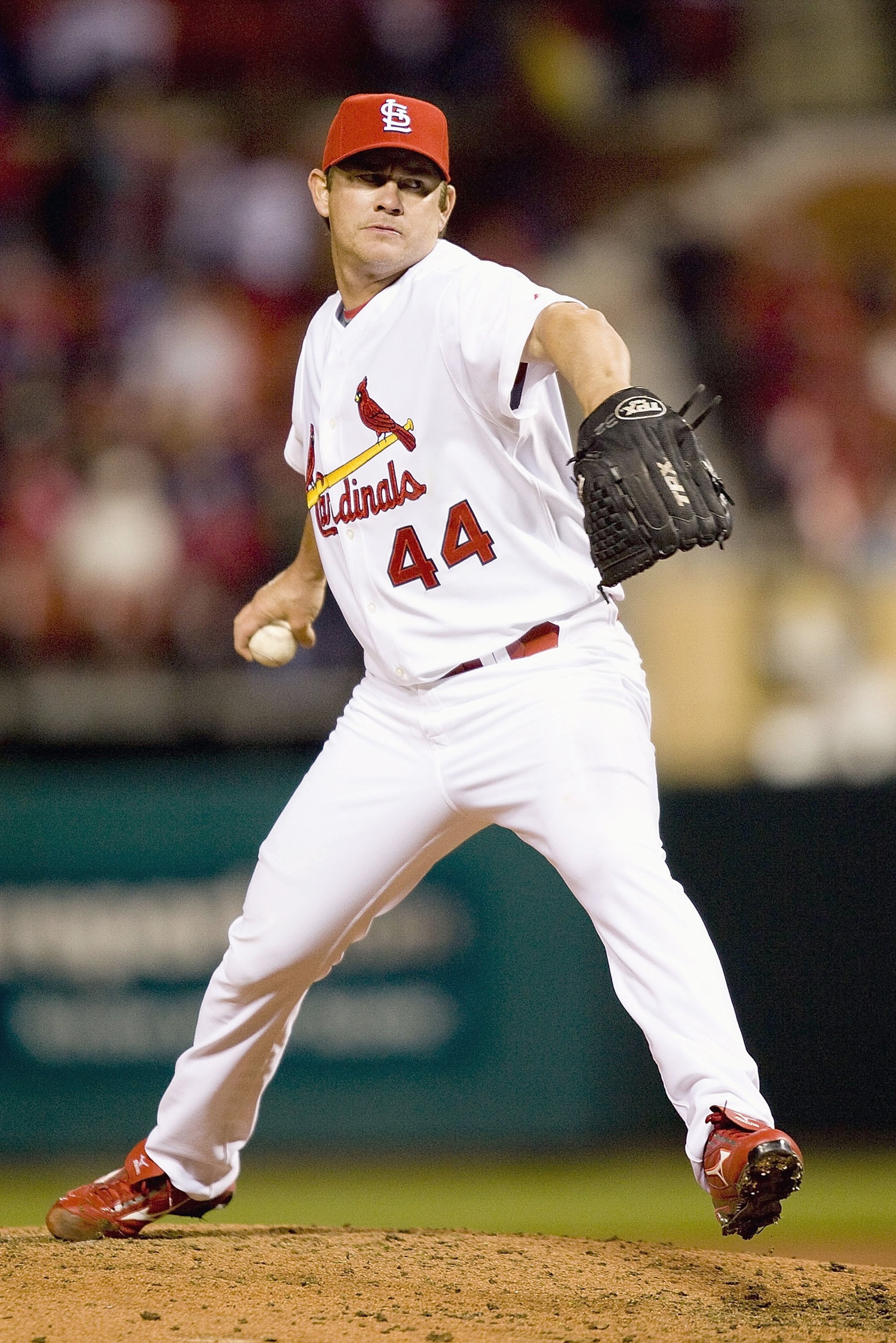 ST. LOUIS, MO - APRIL 1: Jason Isringhausen #44  of the St. Louis Cardinals delivers the pitch against the Colorado Rockies during Opening Day on April 1, 2008 at Busch Stadium in St. Louis, Missouri.    (Photo by Dilip Vishwanat/Getty Images)