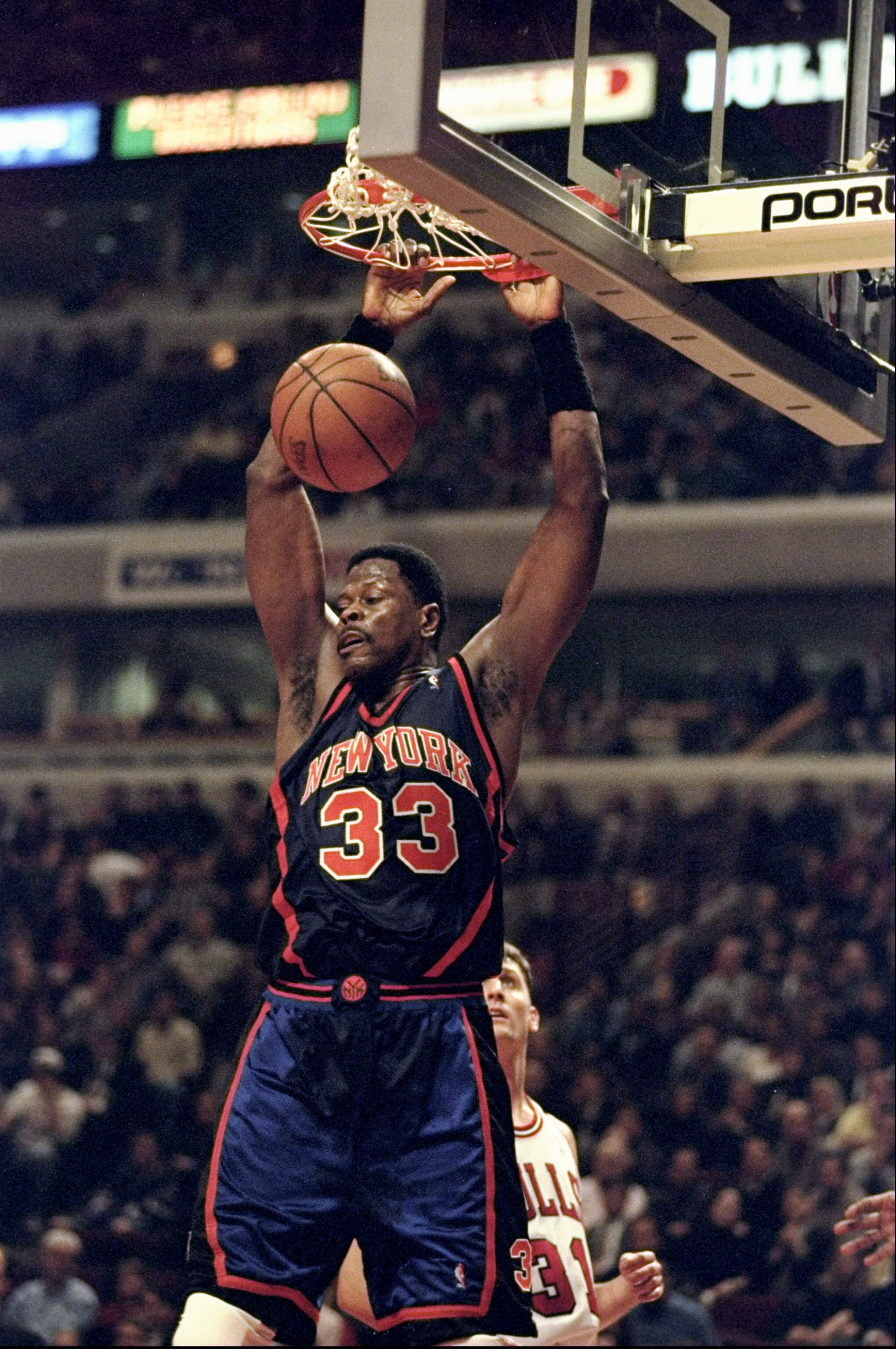 11 Feb 1999: Patrick Ewing #33 of the New York Knicks makes a slam dunk during the game against the Chicago Bulls at the United Center in Chicago, Illinois. The Knicks defeated the Bulls 73- 68.  Mandatory Credit: Jonathan Daniel  /Allsport