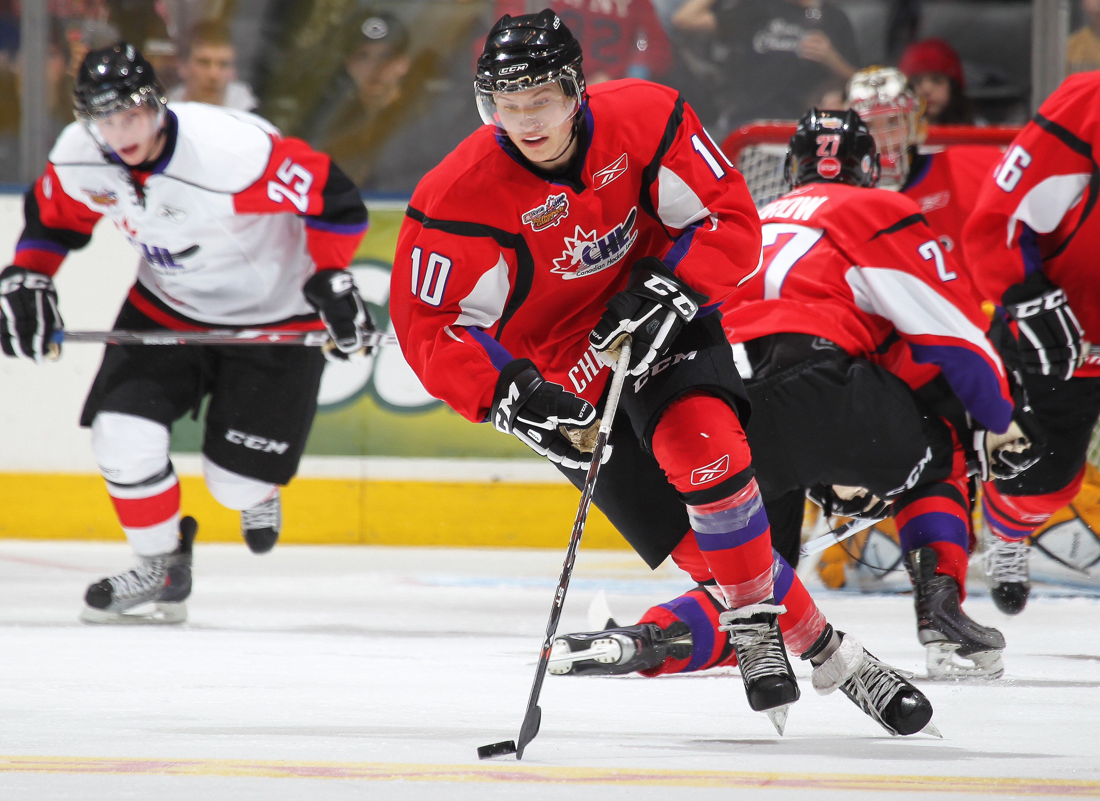 TORONTO, CAN - JANUARY 19:  Mark McNeill #10 of Team Cherry skates with the puck against Team Orr in the 2011 Home Hardware Top Prospects game on January 19, 2011 at the Air Canada Centre in Toronto, Canada. Team Orr defeated Team Cherry 7-1. (Photo by Cl