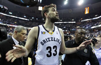 MEMPHIS, TN - APRIL 29:  Marc Gasol #33 of the Memphis Grizzlies celebrates after the Grizzlies beat the San Antonio Spurs 99-91 in Game Six of the Western Conference Quarterfinals in the 2011 NBA Playoffs at FedExForum on April 29, 2011 in Memphis, Tenne