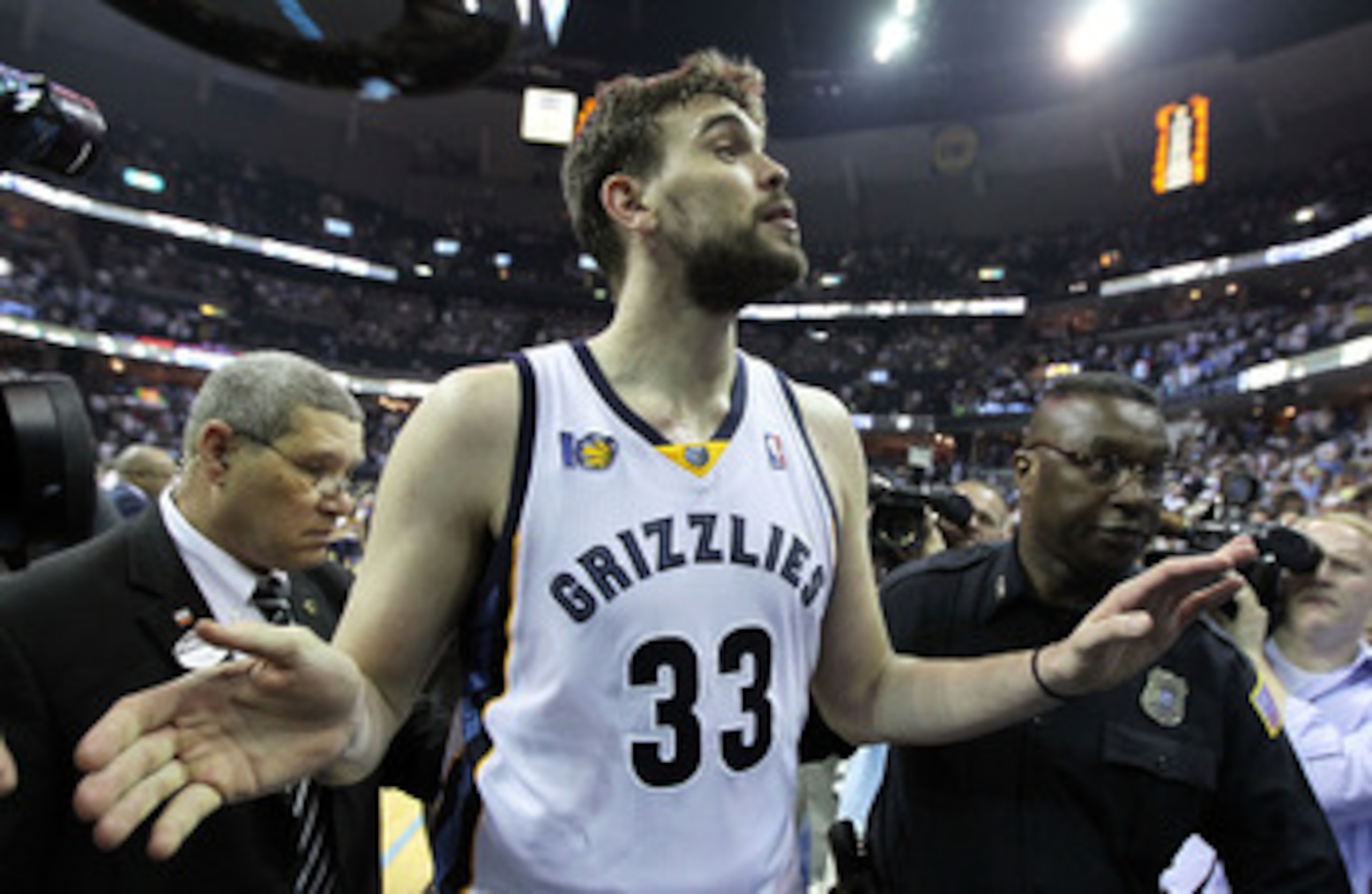 MEMPHIS, TN - APRIL 29:  Marc Gasol #33 of the Memphis Grizzlies celebrates after the Grizzlies beat the San Antonio Spurs 99-91 in Game Six of the Western Conference Quarterfinals in the 2011 NBA Playoffs at FedExForum on April 29, 2011 in Memphis, Tenne