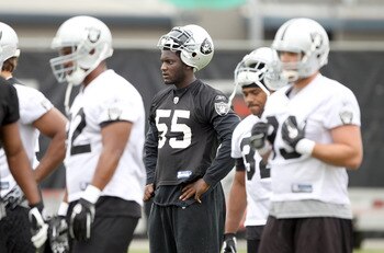 NAPA, CA - AUGUST 01:  Rolando McClain #55 of the Oakland Raiders works out during the Raiders training camp at their Napa Valley Training Complex on August 1, 2010 in Napa, California.  (Photo by Ezra Shaw/Getty Images)
