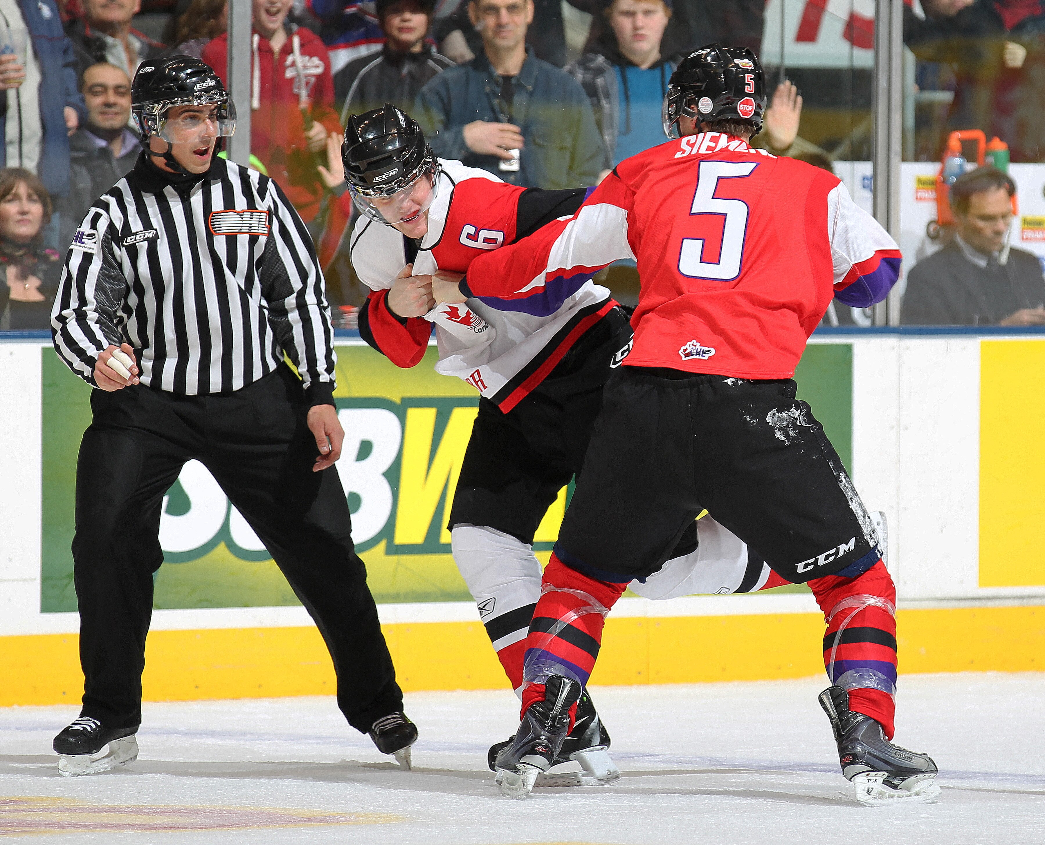 TORONTO, CAN - JANUARY 19:  Duncan Siemens #5 of Team Cherry fights against David Musil #6 of Team Orr in the 2011 Home Hardware Top Prospects game on January 19, 2011 at the Air Canada Centre in Toronto, Canada. Team Orr defeated Team Cherry 7-1. (Photo
