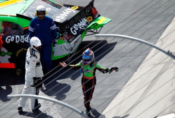 BRISTOL, TN - MARCH 19:  Danica Patrick (L), driver of the #7 GoDaddy.com Chevrolet, gestures after an incident in the NASCAR Nationwide Series Scotts EZ Seed 300 at Bristol Motor Speedway on March 19, 2011 in Bristol, Tennessee.  (Photo by Geoff Burke/Ge