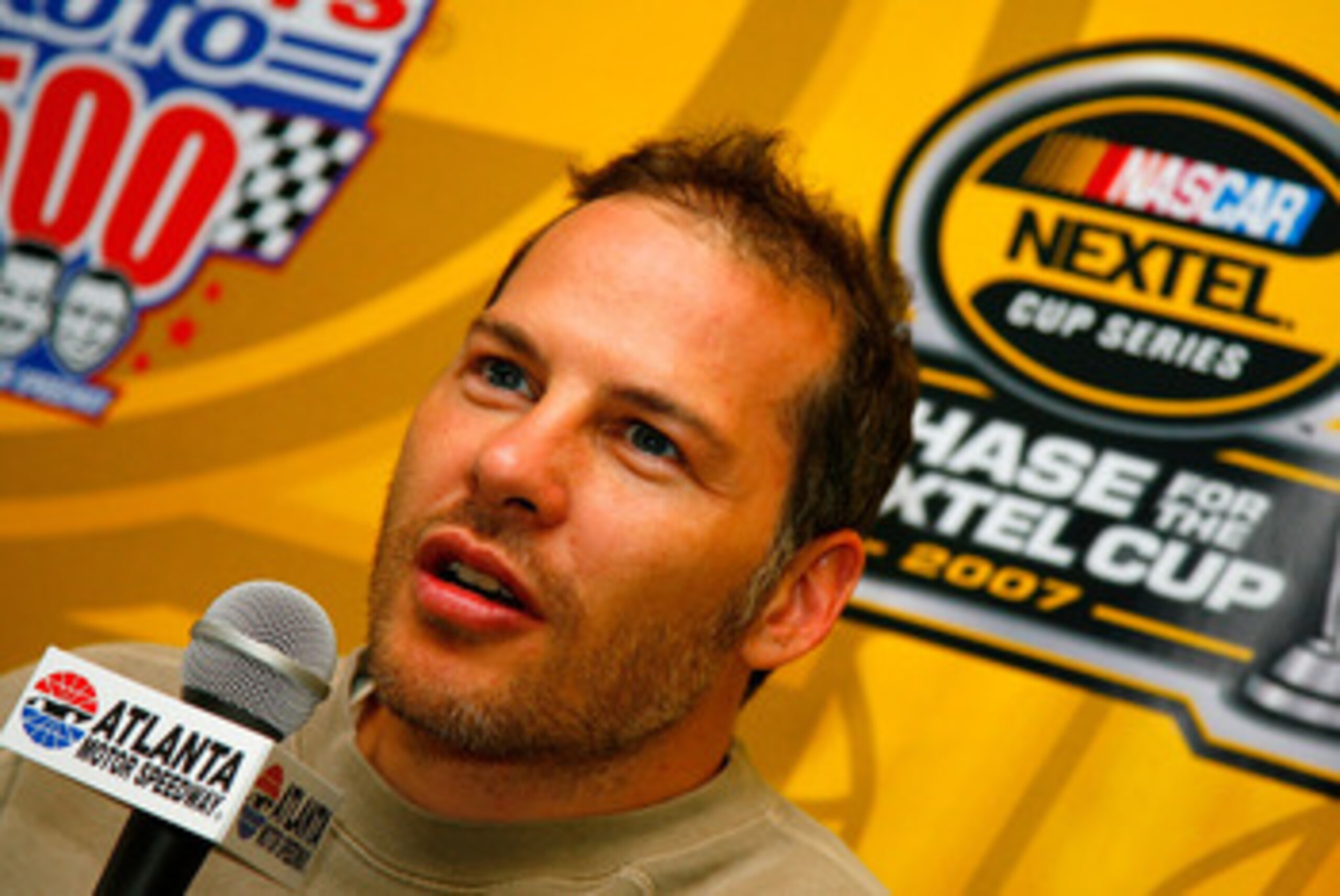 HAMPTON, GA - OCTOBER 30:  Jacques Villenueve, driver of the #27 Bill Davis Racing Toyota speaks with the media during NASCAR testing at Atlanta Motor Speedway on October 30, 2007 in Hampton, Georgia.  (Photo by Rusty Jarrett/Getty Images for NASCAR)
