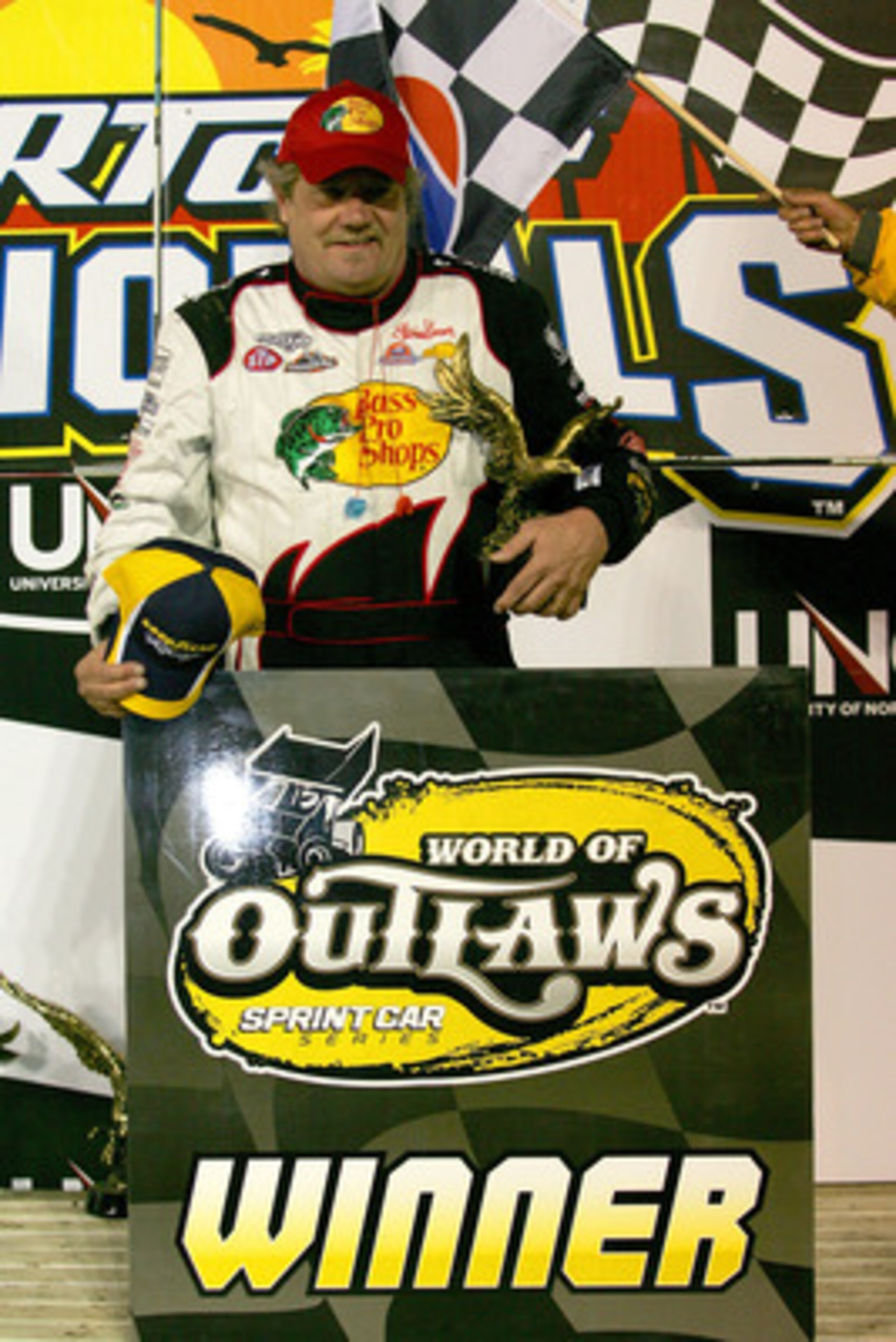 BARBERVILLE, FL - FEBRUARY 07:  20-time World of Outlaws champion Steve Kinser, driver of the #11 Bass Pro Shops, celebrates after winning the World of Outlaws 39th Annual DIRTcar Nationals by UNOH at Volusia Speedway Park on February 7, 2010 in Daytona B