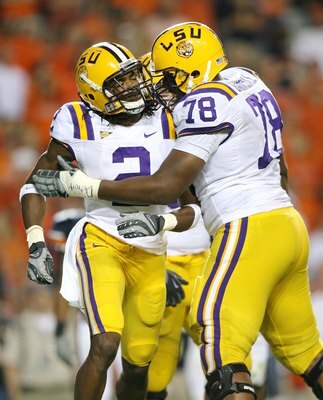 AUBURN, AL - SEPTEMBER 20:  Offensive lineman Joseph Barksdale #78 and wide receiver Demetrius Byrd #2 of the LSU Tigers celebrate a touchdown catch by Byrd against the Auburn Tigers at Jordan-Hare Stadium on September 20, 2008 in Auburn, Alabama. LSU def