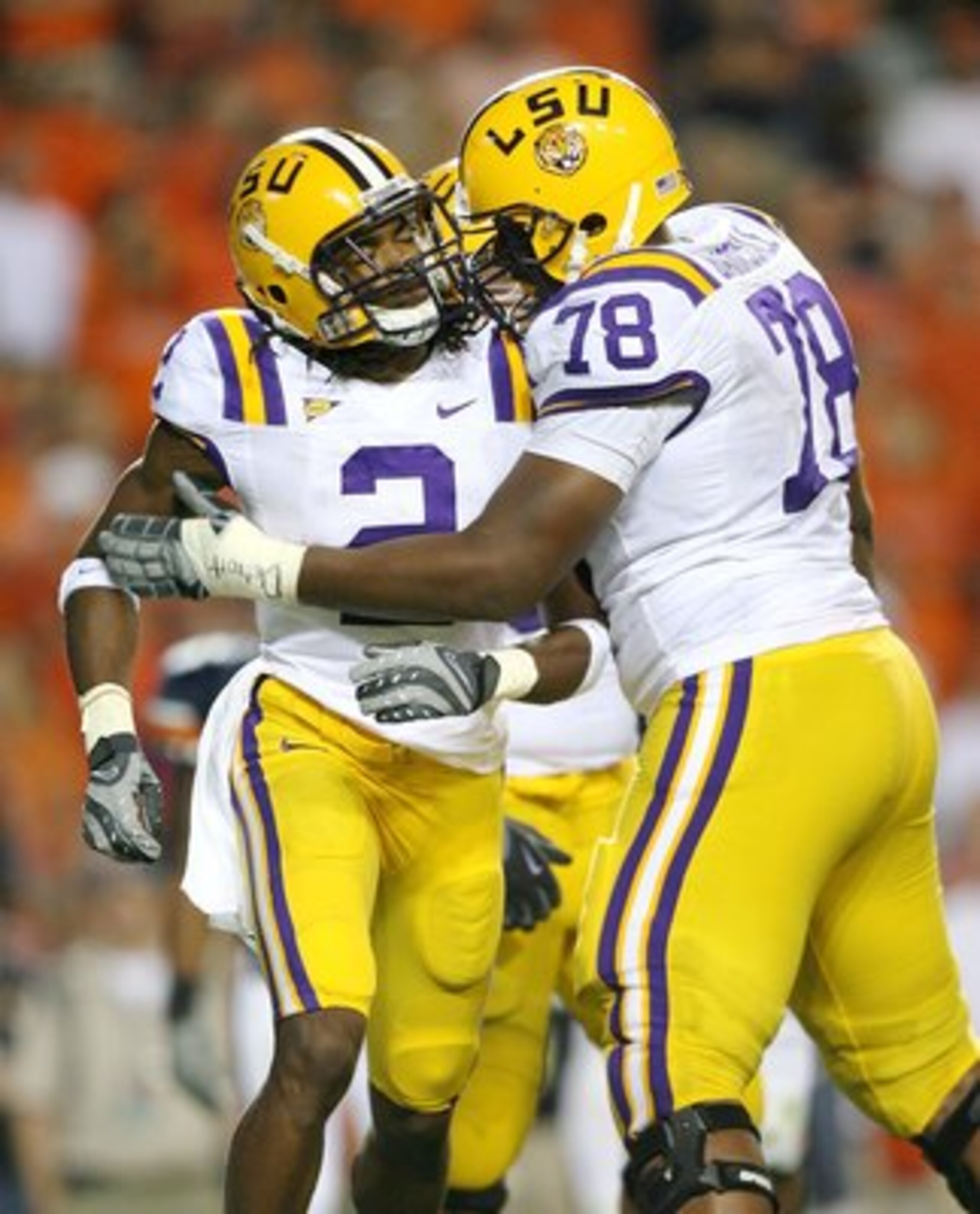AUBURN, AL - SEPTEMBER 20: Offensive lineman Joseph Barksdale #78 and wide receiver Demetrius Byrd #2 of the LSU Tigers celebrate a touchdown catch by Byrd against the Auburn Tigers at Jordan-Hare Stadium on September 20, 2008 in Auburn, Alabama. LSU def AUBURN, AL - SEPTEMBER 20: Offensive lineman Joseph Barksdale #78 and wide receiver Demetrius Byrd #2 of the LSU Tigers celebrate a touchdown catch by Byrd against the Auburn Tigers at Jordan-Hare Stadium on September 20, 2008 in Auburn, Alabama. LSU def