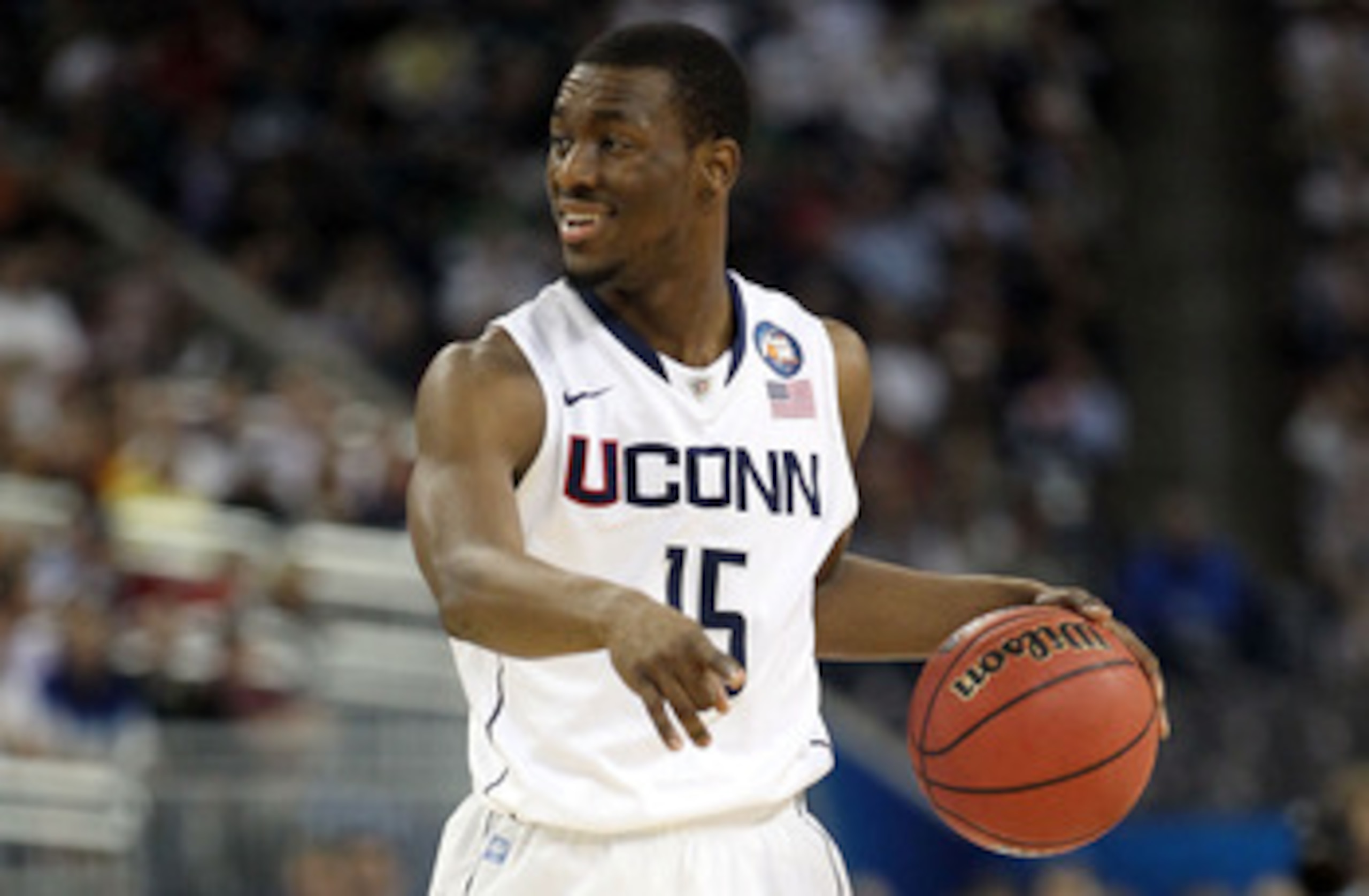 HOUSTON, TX - APRIL 04:  Kemba Walker #15 of the Connecticut Huskies handles the ball against the Butler Bulldogs during the National Championship Game of the 2011 NCAA Division I Men's Basketball Tournament at Reliant Stadium on April 4, 2011 in Houston,