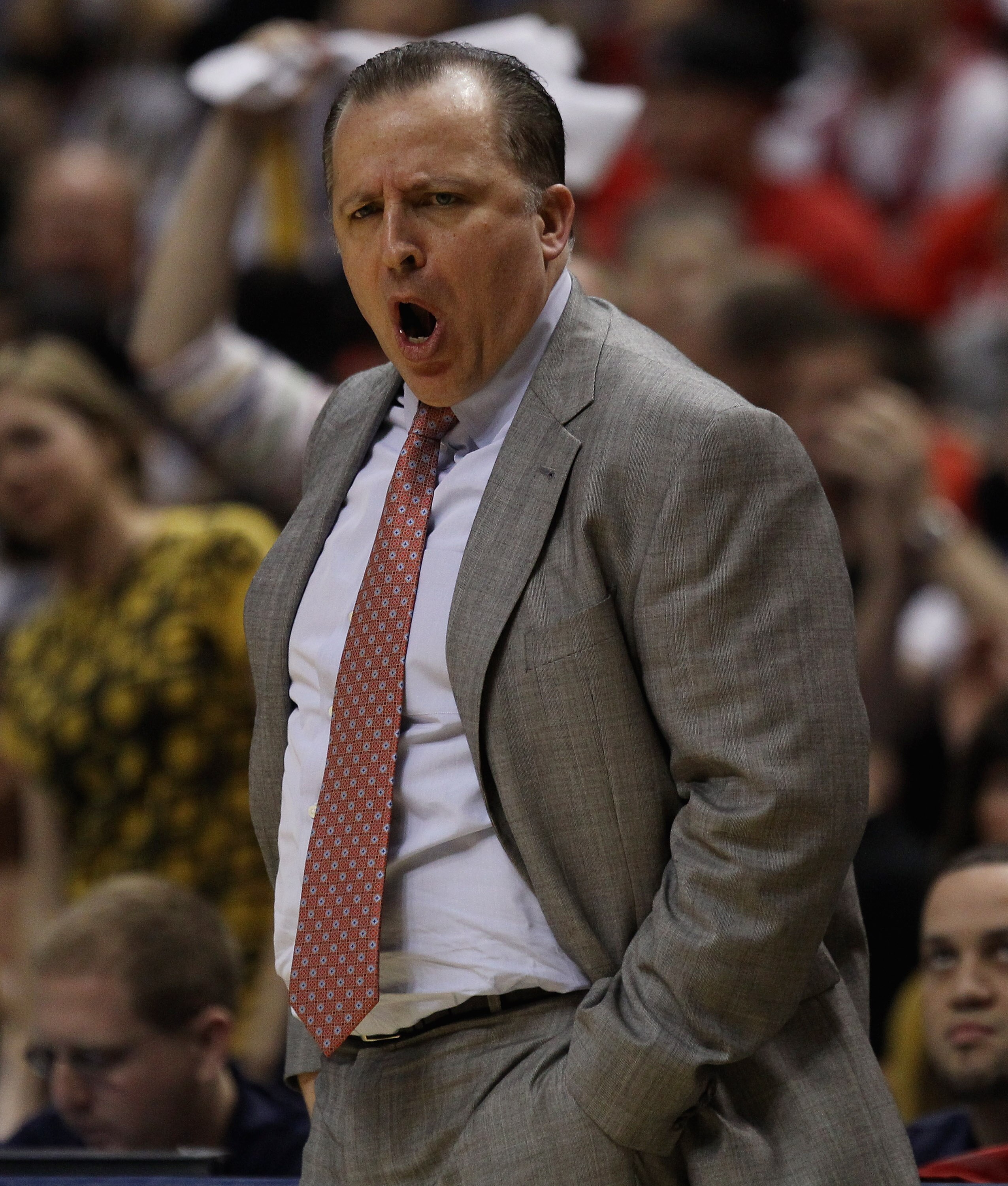INDIANAPOLIS, IN - APRIL 23: Head coach Tom Thibodeau of the Chicago Bulls gives instructions to his team during Game Four of the Eastern Conference Quarterfinals in the 2011 NBA Playoffs against the Indiana Pacers at Conseco Fieldhouse on April 23, 2011