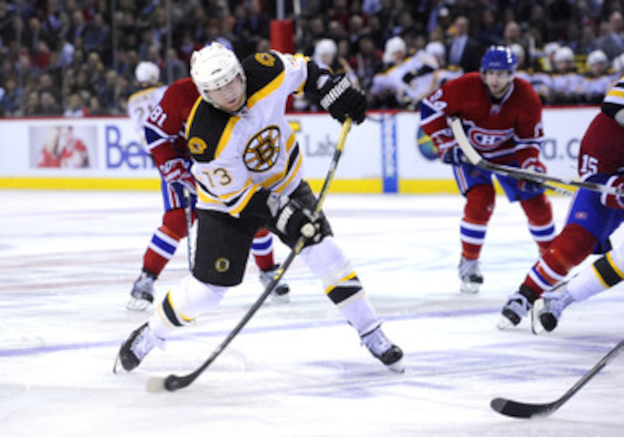 MONTREAL, CANADA - APRIL 26:  Michael Ryder #73 of the Boston Bruins takes a wrist shot through a crowd of Montreal Canadiens defenders in Game Six of the Eastern Conference Quarterfinals during the 2011 NHL Stanley Cup Playoffs at the Bell Centre on Apri