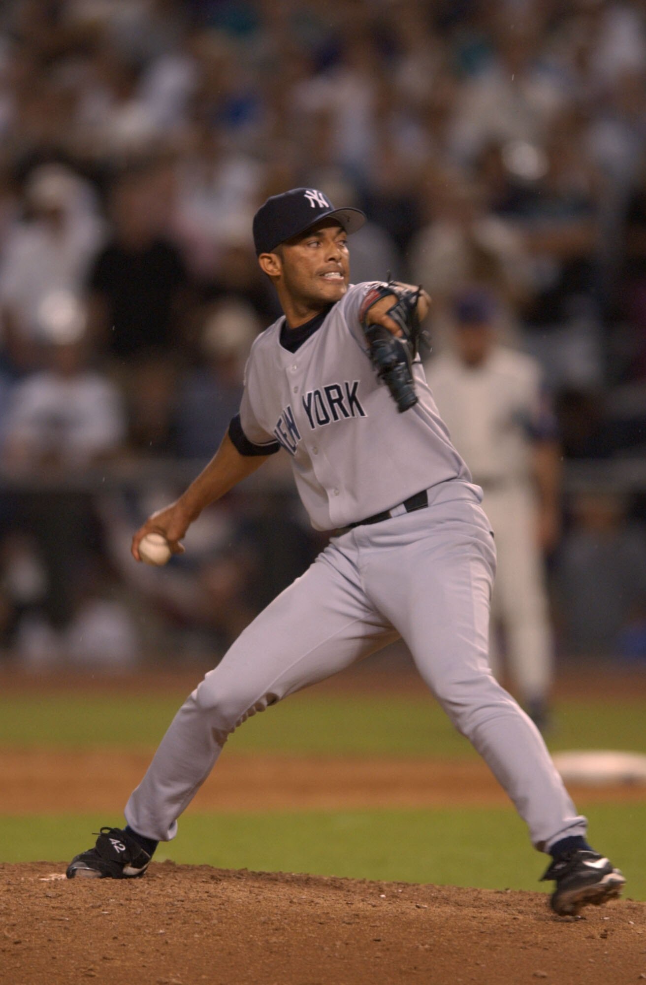 4 Nov 2001:  Mariano Rivera #42 of the New York Yankees pitches against the Arizona Diamondbacks during game seven of the Major League Baseball World Series at Bank One Ballpark in Phoenix, Arizona. The Diamondbacks won 3-2 to capture the World Series tit