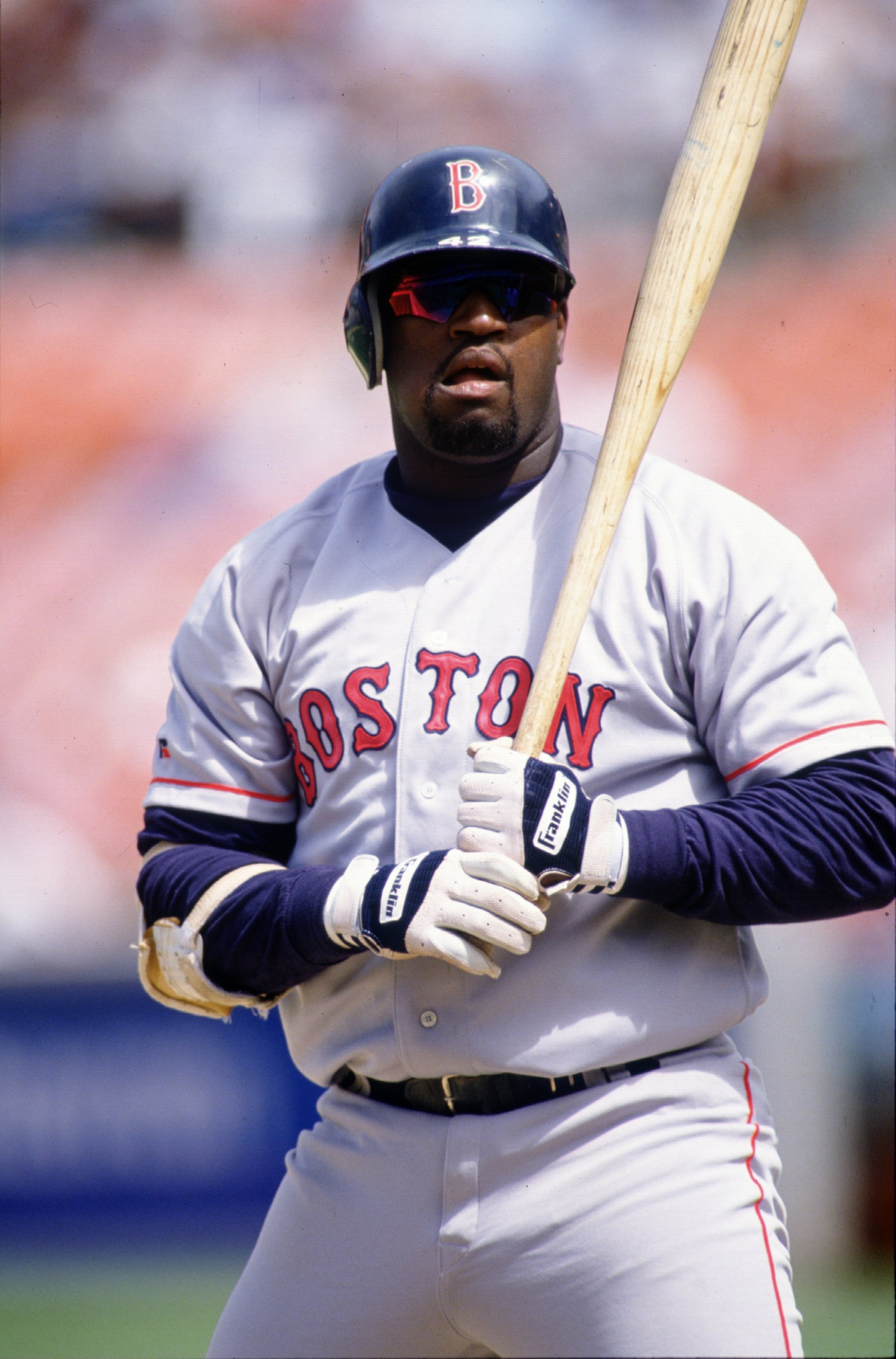 31 May 1995: First Baseman Mo Vaughn of the Boston Red Sox looks for his signs from the third base coach during the Red Sox 6-5 win over the Oakland Athletics at Oakland Alameda County Coliseum in Oakland, California.