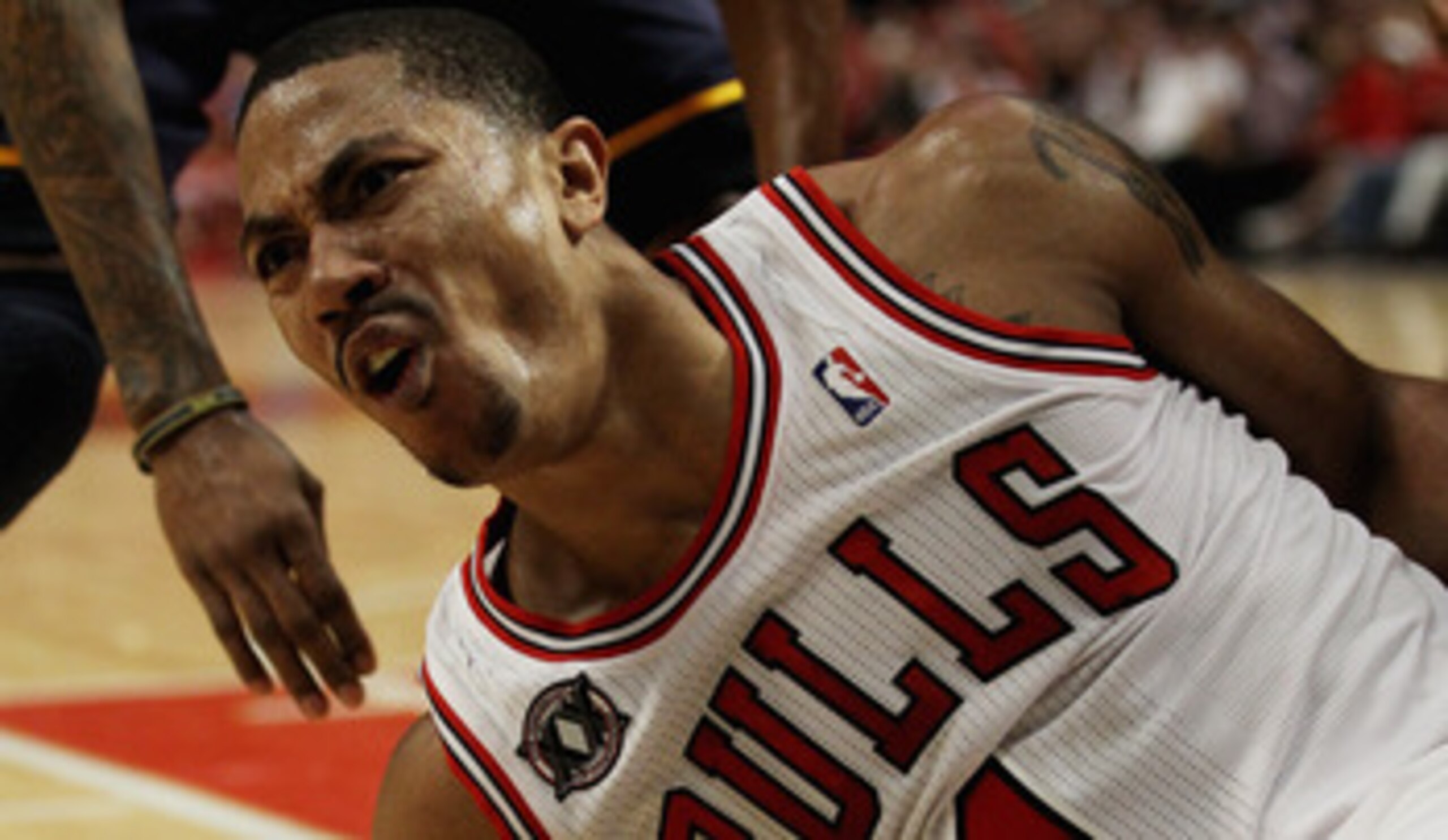 CHICAGO, IL - APRIL 16: Derrick Rose #1 of the Chicago Bulls complains to a referee about being knocked to the floor against the Indiana Pacers in Game One of the Eastern Conference Quarterfinals in the 2011 NBA Playoffs at the United Center on April 16,