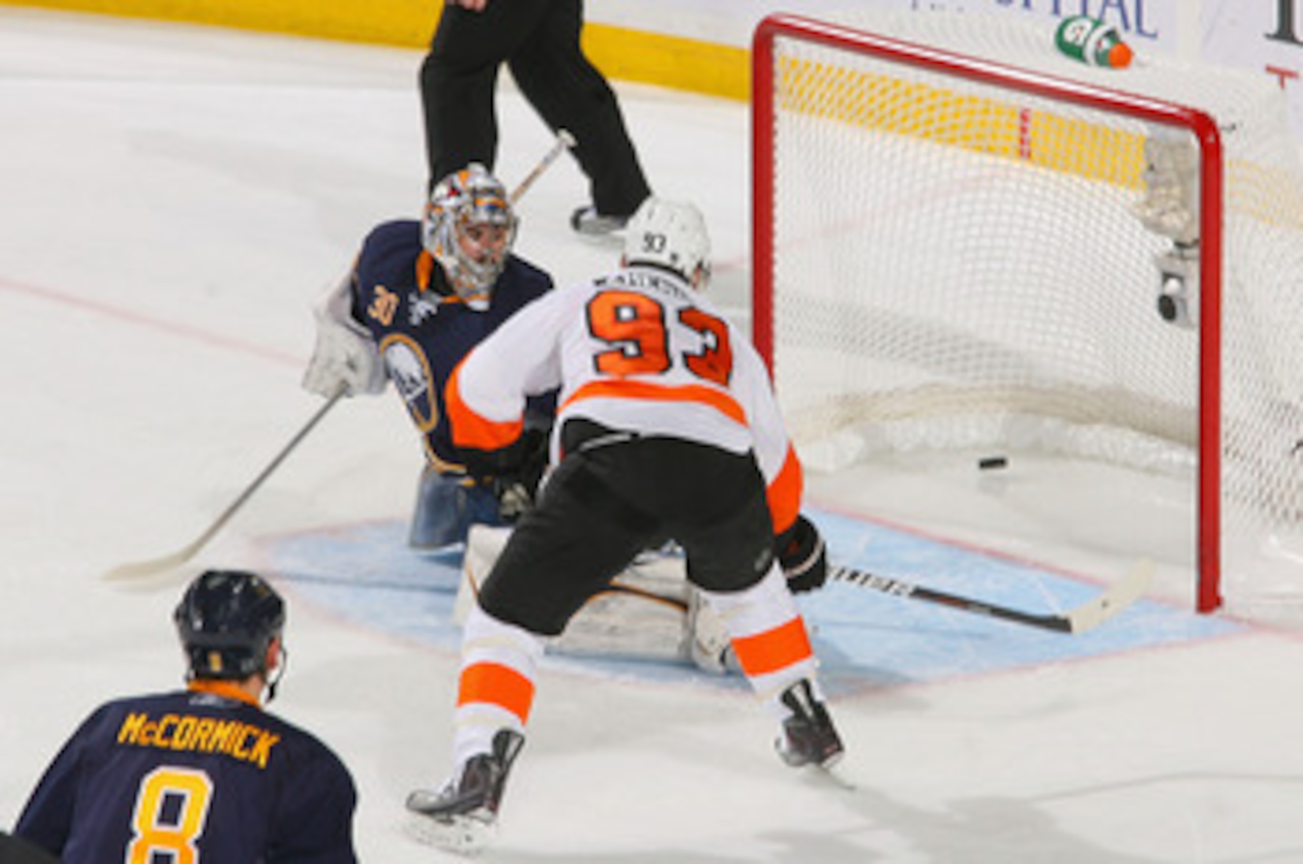 BUFFALO, NY - APRIL 18: Nikolay Zherdev #93  of the Philadelphia Flyers scores against Ryan Miller #30 of the Buffalo Sabres in the second period of Game Three of the Eastern Conference Quarterfinals during the 2011 NHL Stanley Cup Playoffs at HSBC Arena