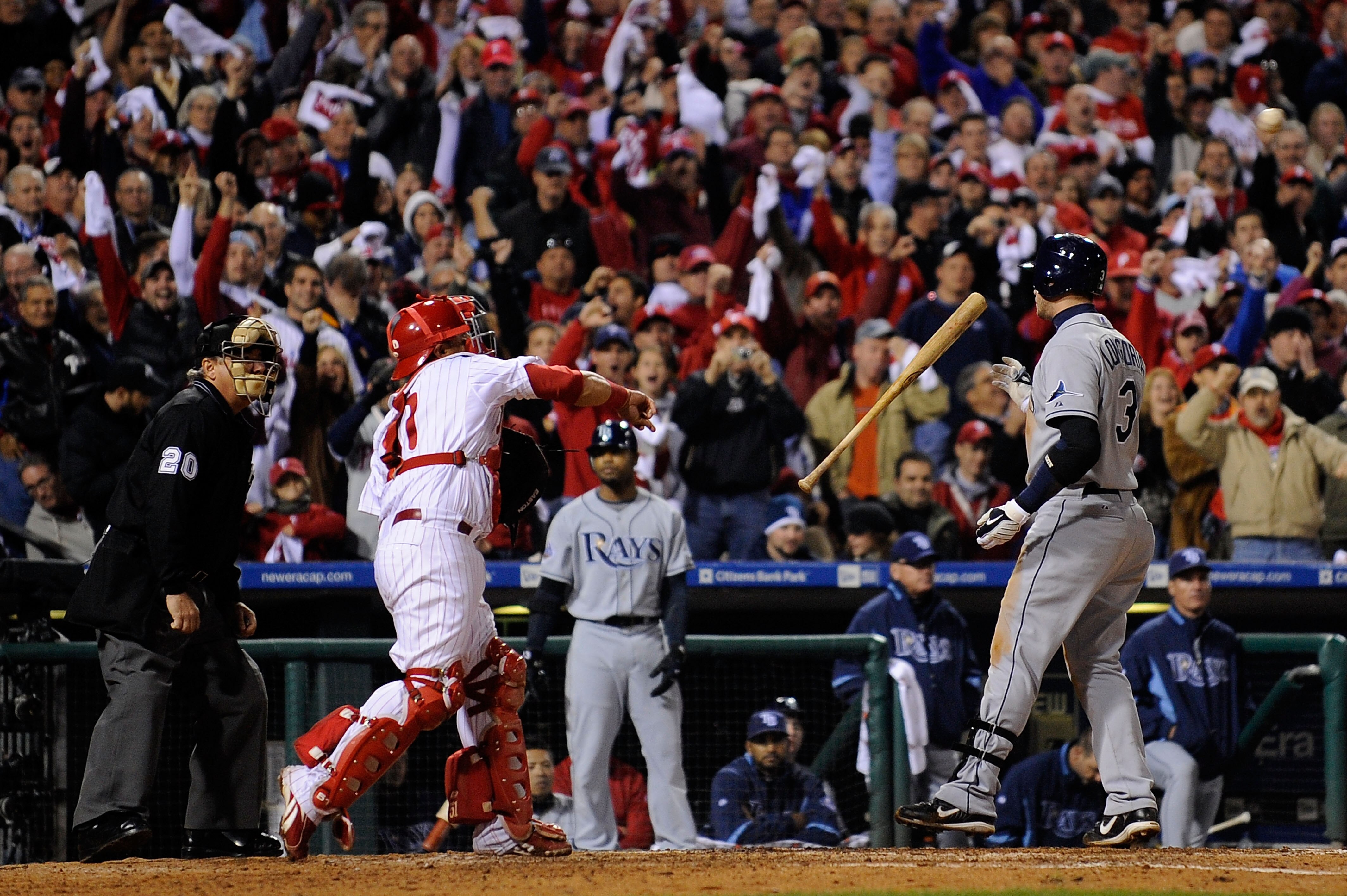 PHILADELPHIA - OCTOBER 26:  Evan Longoria #3 of the Tampa Bay Rays throws his bat after striking out for the third time against the Philadelphia Phillies during game four of the 2008 MLB World Series on October 26, 2008 at Citizens Bank Park in Philadelph