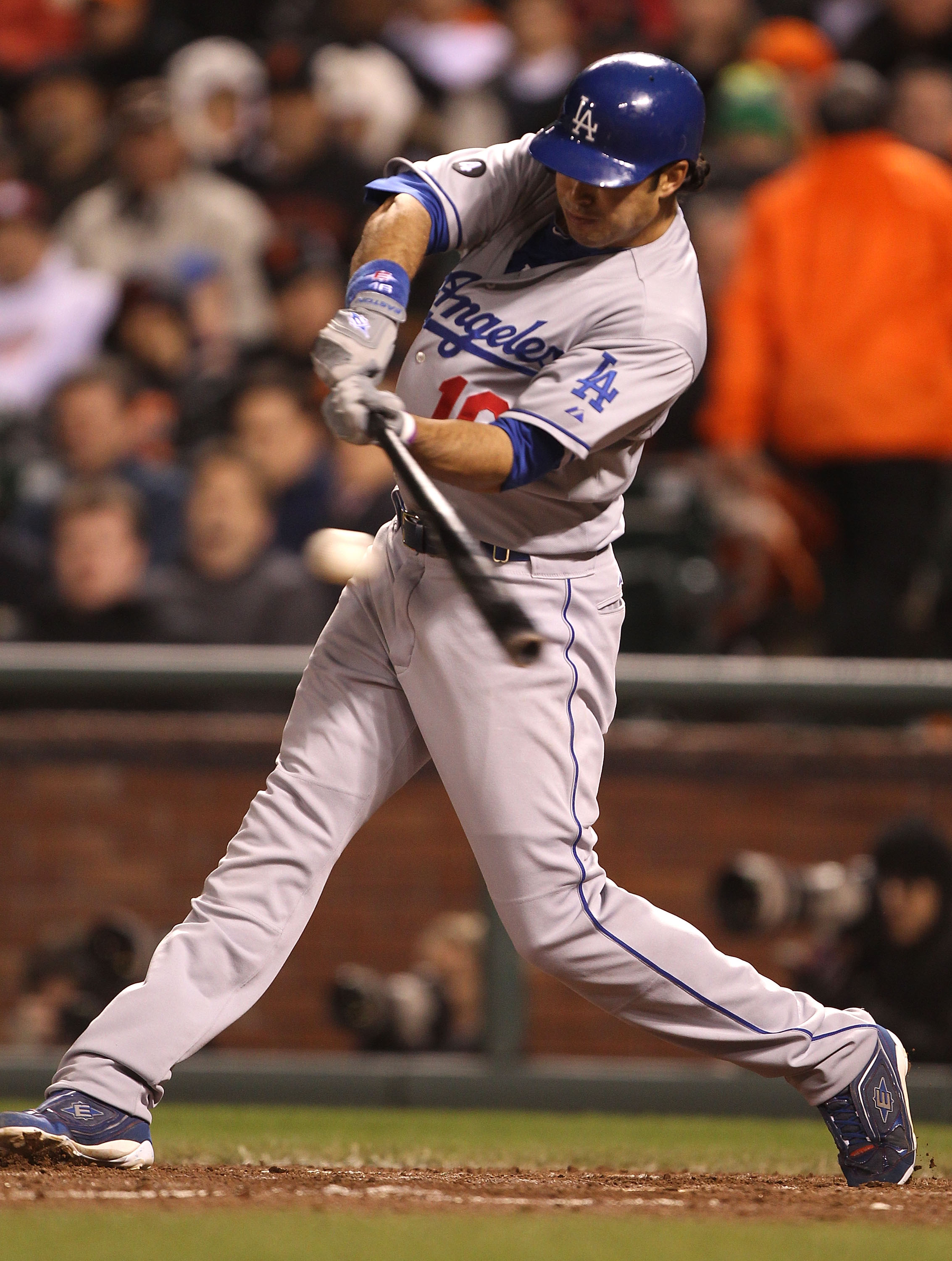 SAN FRANCISCO, CA - APRIL 11:  Andre Ethier #16 of the Los Angeles Dodgers hits an RBI single in the seventh inning against the San Francisco Giants during an MLB game at AT&T Park on April 11, 2011 in San Francisco, California.  (Photo by Jed Jacobsohn/G