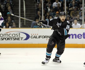 SAN JOSE, CA - APRIL 23:  Devin Setoguchi #16 of the San Jose Sharks in action against the Los Angeles Kings in game five of the Western Conference Quarterfinals during the 2011 NHL Stanley Cup Playoffs at HP Pavilion on April 23, 2011 in San Jose, Califo