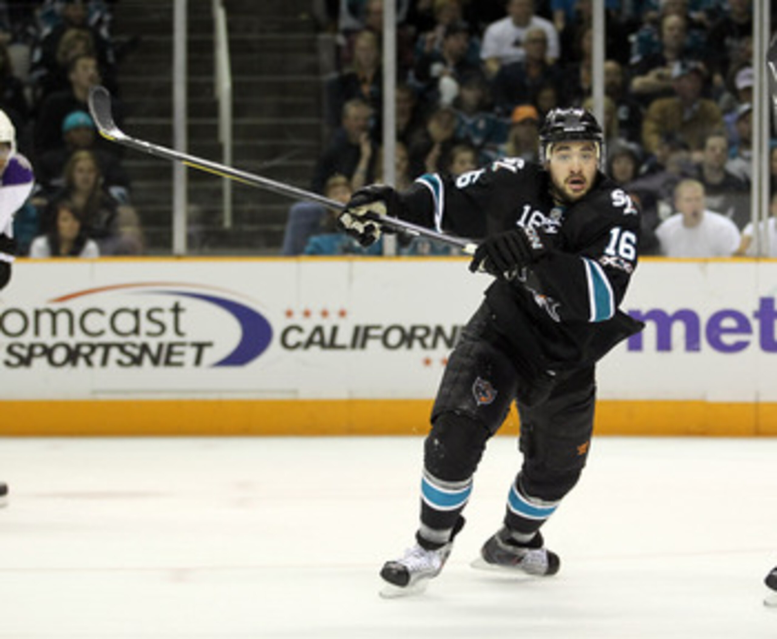 SAN JOSE, CA - APRIL 23:  Devin Setoguchi #16 of the San Jose Sharks in action against the Los Angeles Kings in game five of the Western Conference Quarterfinals during the 2011 NHL Stanley Cup Playoffs at HP Pavilion on April 23, 2011 in San Jose, Califo