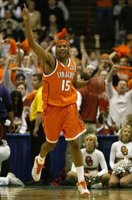 ALBANY, NY - MARCH 30:  Carmelo Anthony of the Syracuse Orangemen celebrates his team's 63-47 win over the Oklahoma Sooners during the East Regionals of the NCAA Championship on March 30, 2003 at the Pepsi Arena in Albany, New York. (Photo by Al Bello/Get