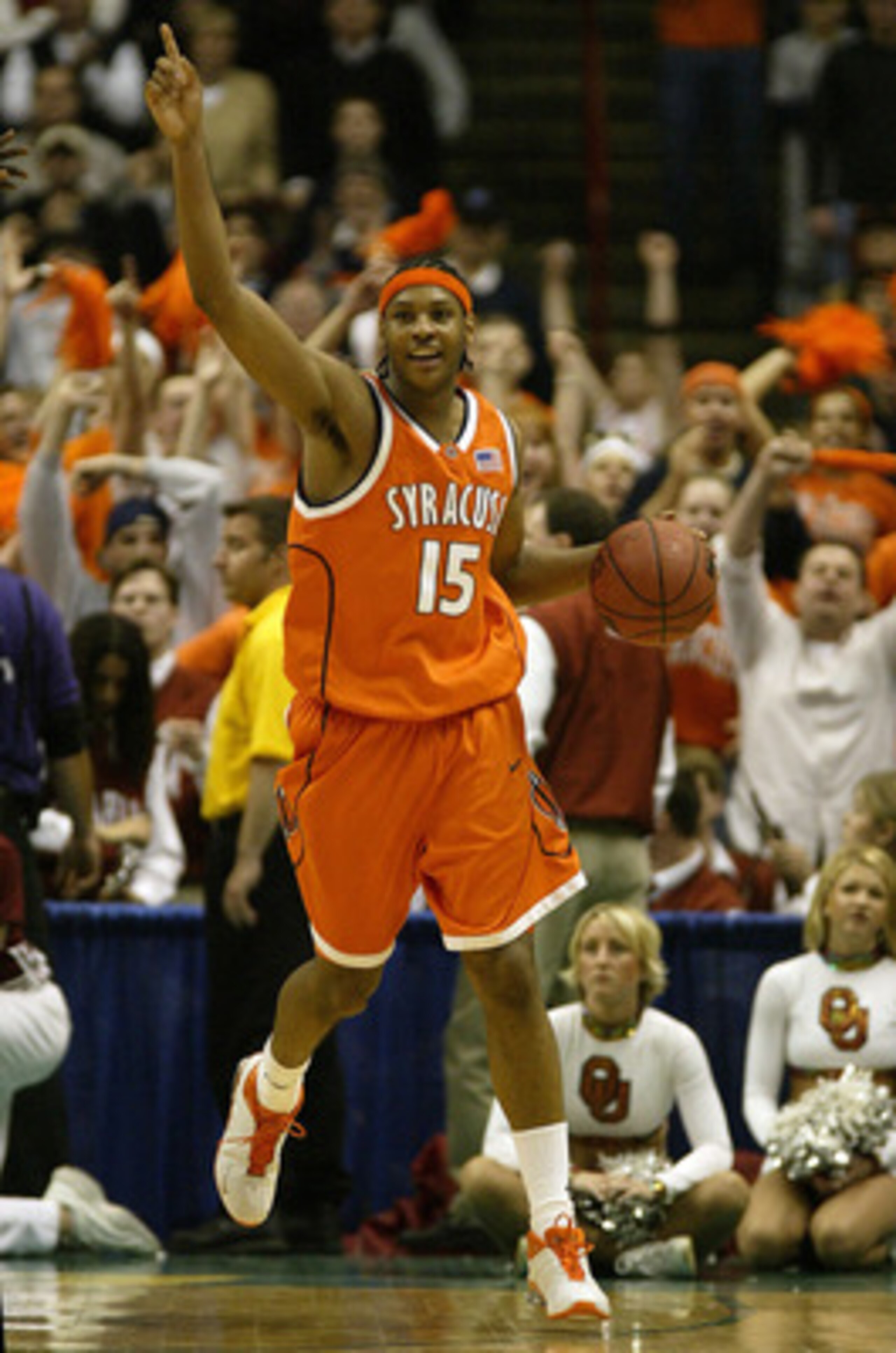 ALBANY, NY - MARCH 30:  Carmelo Anthony of the Syracuse Orangemen celebrates his team's 63-47 win over the Oklahoma Sooners during the East Regionals of the NCAA Championship on March 30, 2003 at the Pepsi Arena in Albany, New York. (Photo by Al Bello/Get