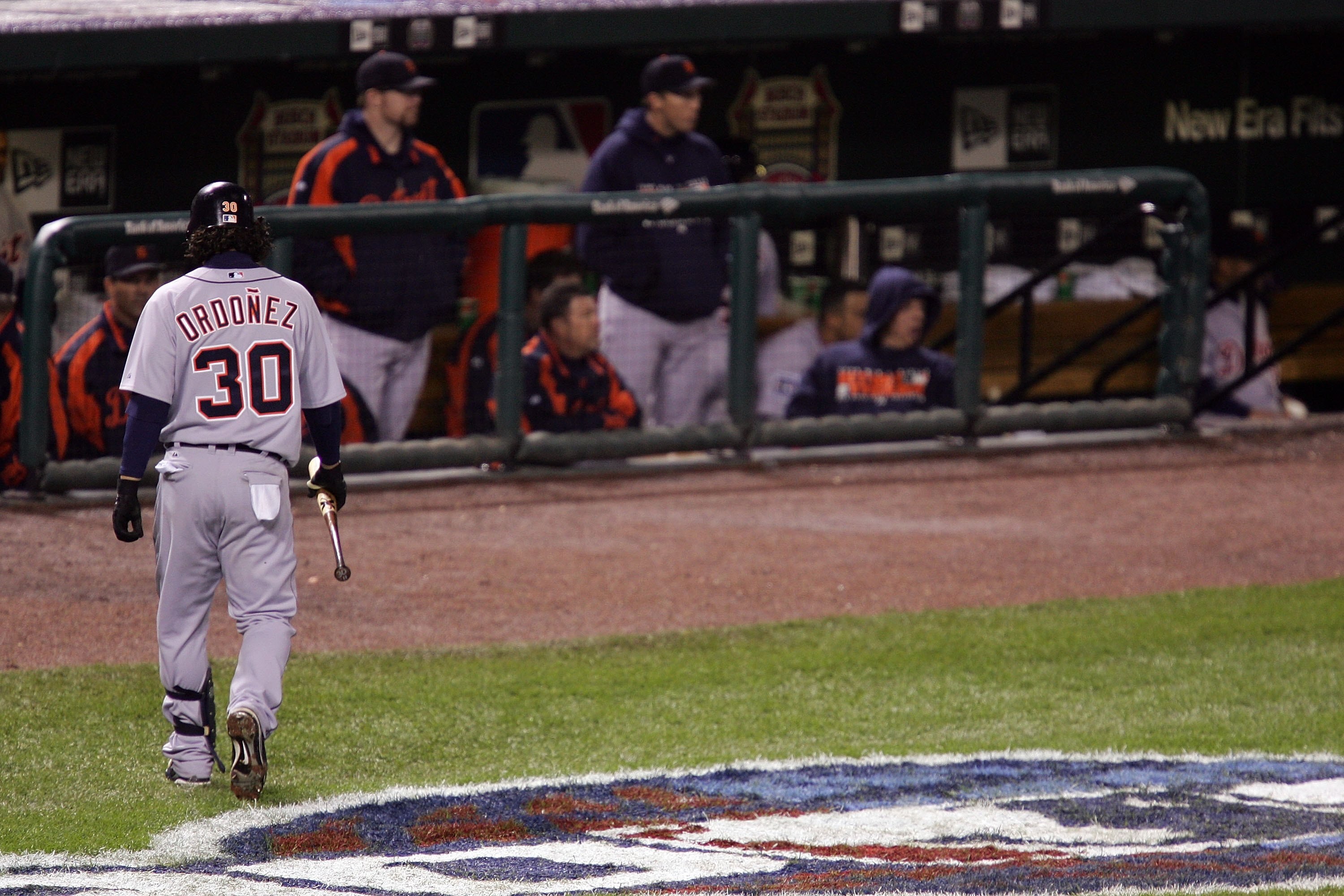 ST LOUIS, MO - OCTOBER 27:   Magglio Ordonez #30 of the Detroit Tigers walks back to the dugout after striking out against the St. Louis Cardinals during Game Five of the 2006 World Series on October 27, 2006 at Busch Stadium in St. Louis, Missouri.  (Pho