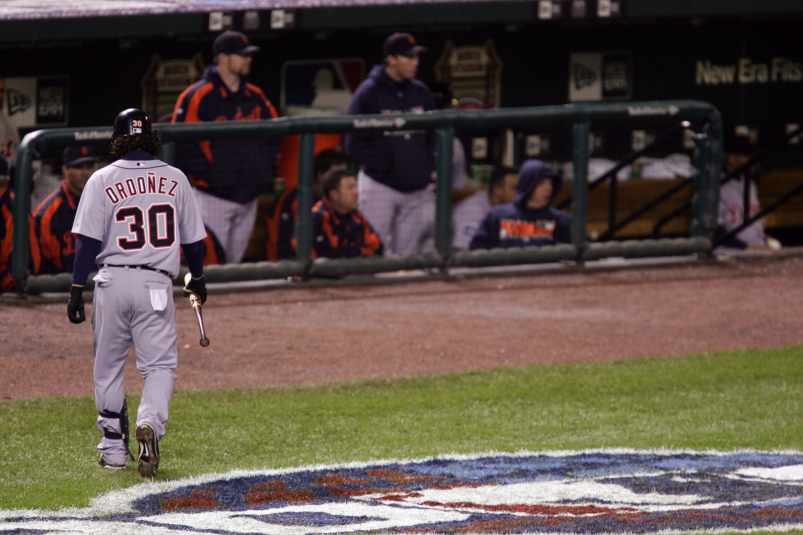 ST LOUIS, MO - OCTOBER 27:   Magglio Ordonez #30 of the Detroit Tigers walks back to the dugout after striking out against the St. Louis Cardinals during Game Five of the 2006 World Series on October 27, 2006 at Busch Stadium in St. Louis, Missouri.  (Pho