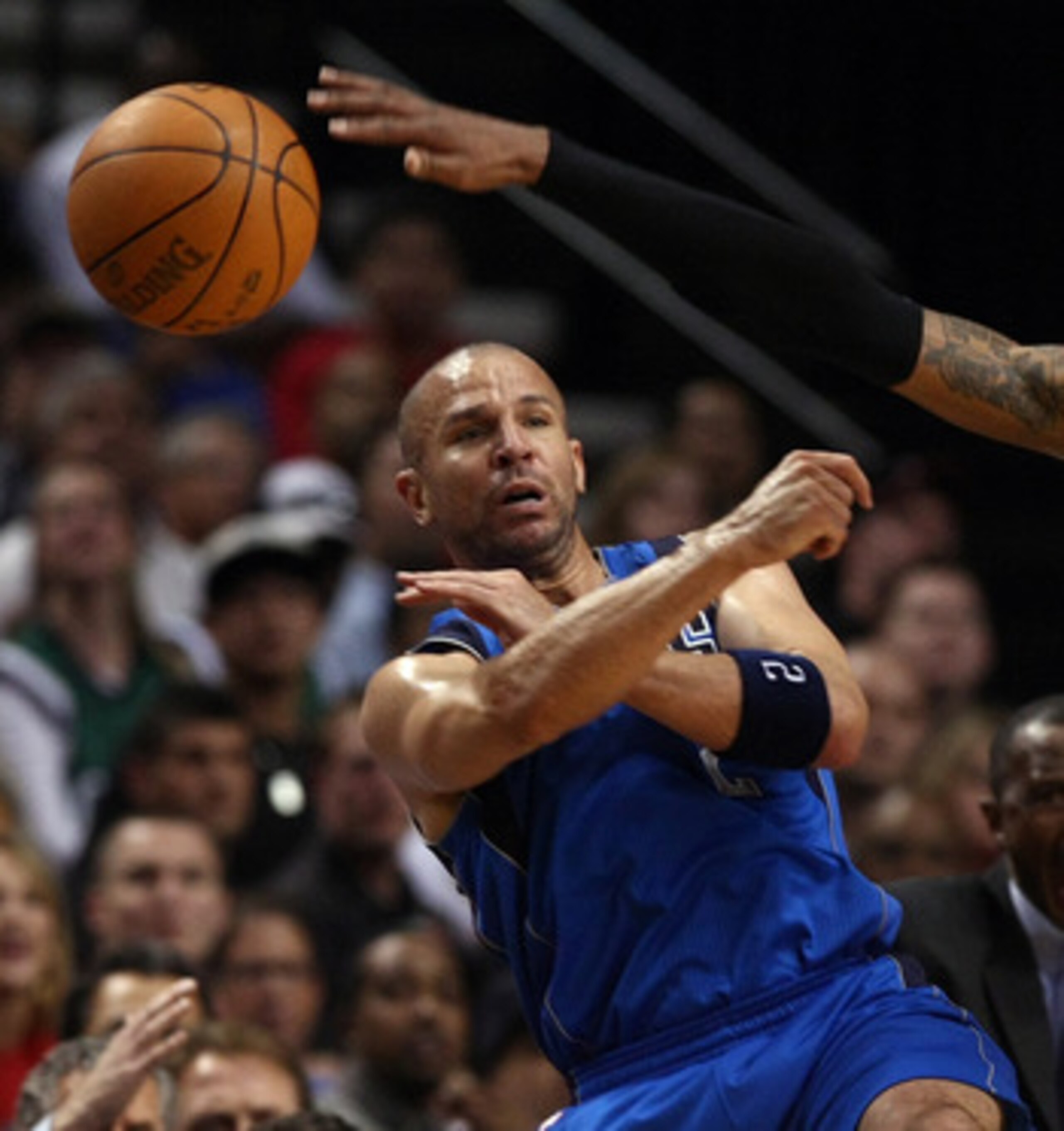 PORTLAND, OR - APRIL 23:  LaMarcus Aldrdige #12 of the Portland Trail Blazers defends Jason Kidd #2 of the Dallas Mavericks in Game Four of the Western Conference Quarterfinals in the 2011 NBA Playoffs on April 23, 2011 at the Rose Garden in Portland, Ore
