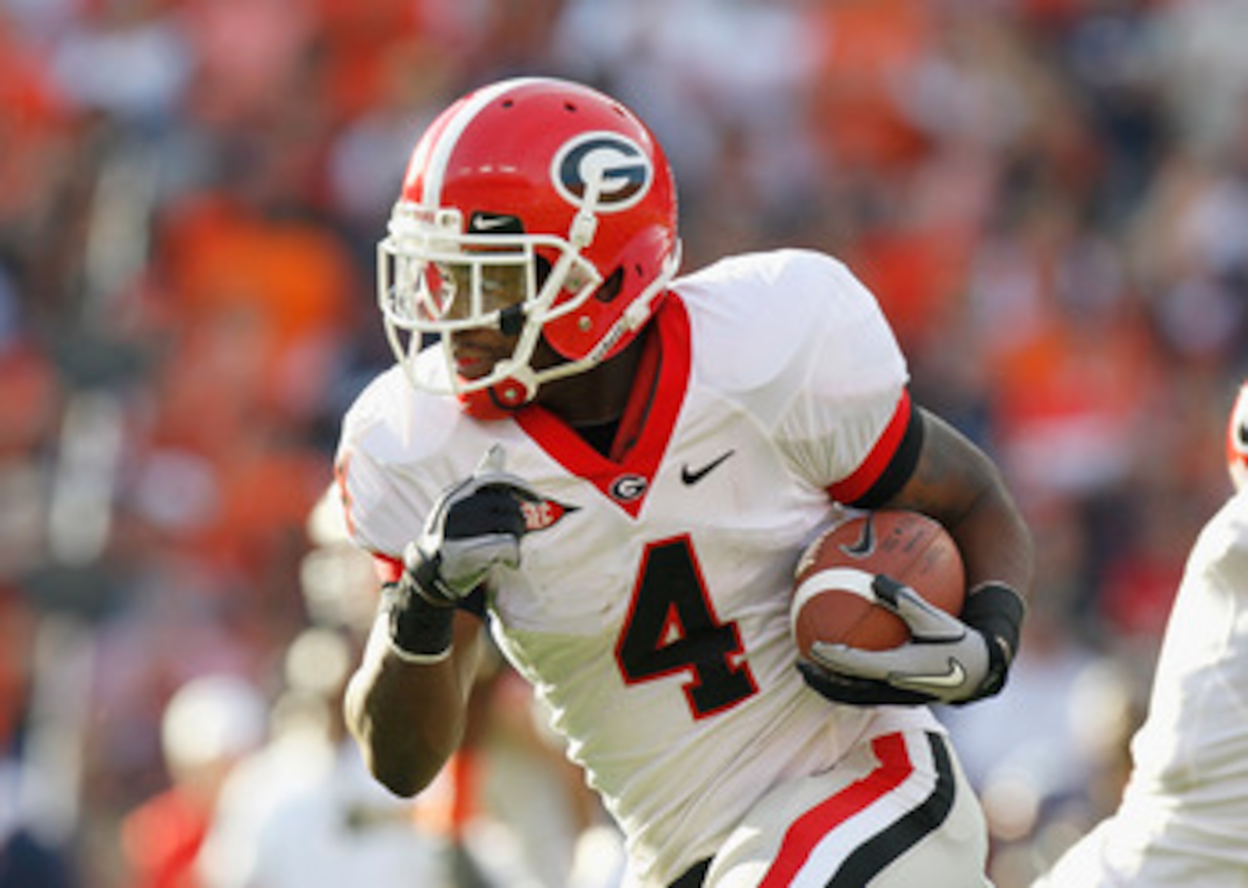 AUBURN, AL - NOVEMBER 13:  Caleb King #4 of the Georgia Bulldogs against the Auburn Tigers at Jordan-Hare Stadium on November 13, 2010 in Auburn, Alabama.  (Photo by Kevin C. Cox/Getty Images)
