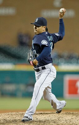 DETROIT - APRIL 26:  Brandon League #43 of the Seattle Mariners pitches in the  ninth inning during the game against the Detroit Tigers at Comerica Park on April 26, 2011. The Mariners defeated the Tigers 7-3.  (Photo by Leon Halip/Getty Images)