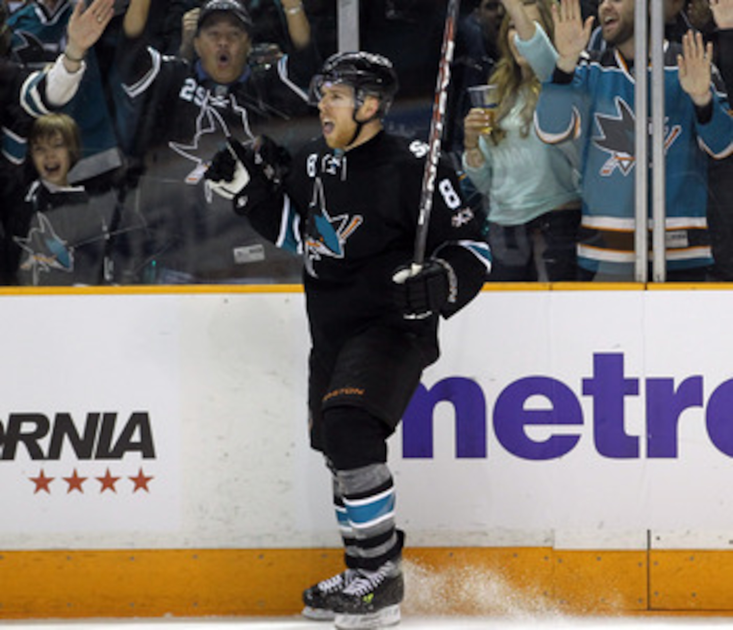 SAN JOSE, CA - APRIL 29:  Joe Pavelski #8 of the San Jose Sharks celebrates after he made a goal in the third period to tie their game against the Detroit Red Wings in Game One of the Western Conference Semifinals during the 2011 NHL Stanley Cup Playoffs