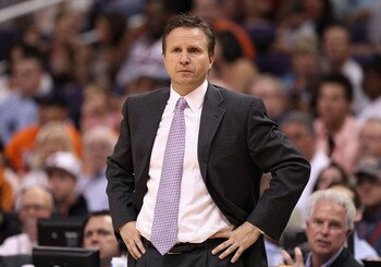 PHOENIX, AZ - MARCH 30:  Head coach Scott Brooks of the Oklahoma City Thunder reacts during the NBA game against the Phoenix Suns at US Airways Center on March 30, 2011 in Phoenix, Arizona. The Thunder defeated the Suns 116-98.   NOTE TO USER: User expres