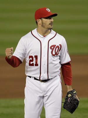 WASHINGTON, DC - APRIL 29:  Starting pitcher Jason Marquis #21 of the Washington Nationals celebrates the final out after defeating the San Francisco Giants 3-0 at Nationals Park on April 29, 2011 in Washington, DC.  (Photo by Rob Carr/Getty Images)