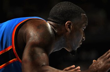 DENVER, CO - APRIL 23:  Kendrick Perkins #5 of the Oklahoma City Thunder awaits a free throw against the Denver Nuggets in Game Three of the Western Conference Quarterfinals in the 2011 NBA Playoffs on April 23, 2011 at the Pepsi Center in Denver, Colorad