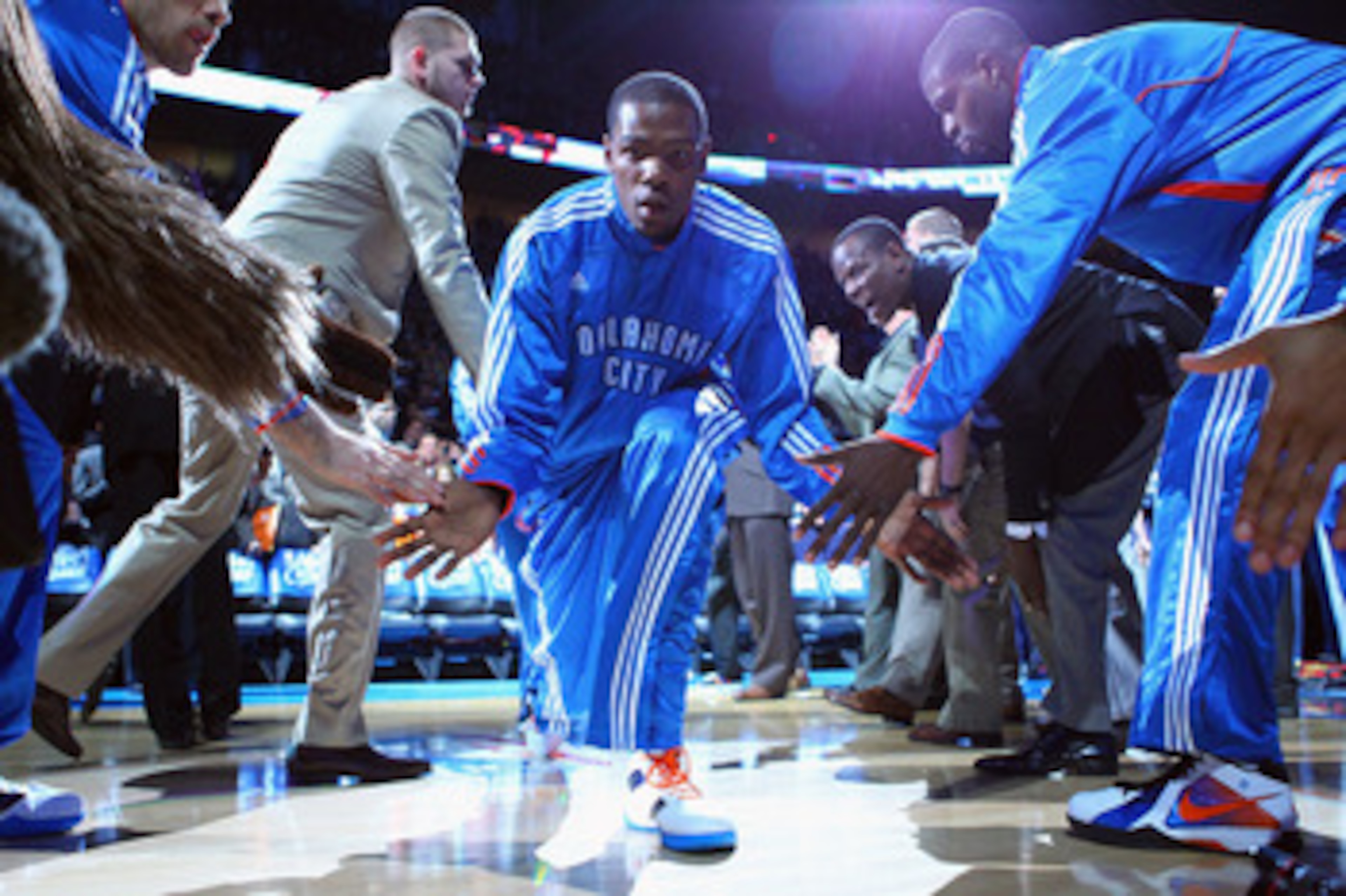OKLAHOMA CITY, OK - APRIL 27: Kevin Durant #35 of the Oklahoma City Thunder is introduced prior to playing against the Denver Nuggets in Game Five of the Western Conference Quarterfinals in the 2011 NBA Playoffs on April 27, 2011 at the Ford Center in Okl OKLAHOMA CITY, OK - APRIL 27: Kevin Durant #35 of the Oklahoma City Thunder is introduced prior to playing against the Denver Nuggets in Game Five of the Western Conference Quarterfinals in the 2011 NBA Playoffs on April 27, 2011 at the Ford Center in Okl