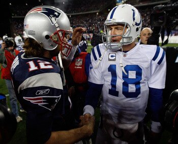 FOXBORO, MA - NOVEMBER 21:  Tom Brady #12 of the New England Patriots shakes hands with Peyton Manning #18 of the Indianapolis Colts after their game at Gillette Stadium on November 21, 2010 in Foxboro, Massachusetts. (Photo by Jim Rogash/Getty Images)