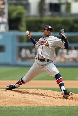 LOS ANGELES, CA - APRIL 21:  Jair Jurrjens #49 of the Atlanta Braves pitches against the Los Angeles Dodgers at Dodger Stadium on April 21, 2011 in Los Angeles, California.  (Photo by Jeff Gross/Getty Images)
