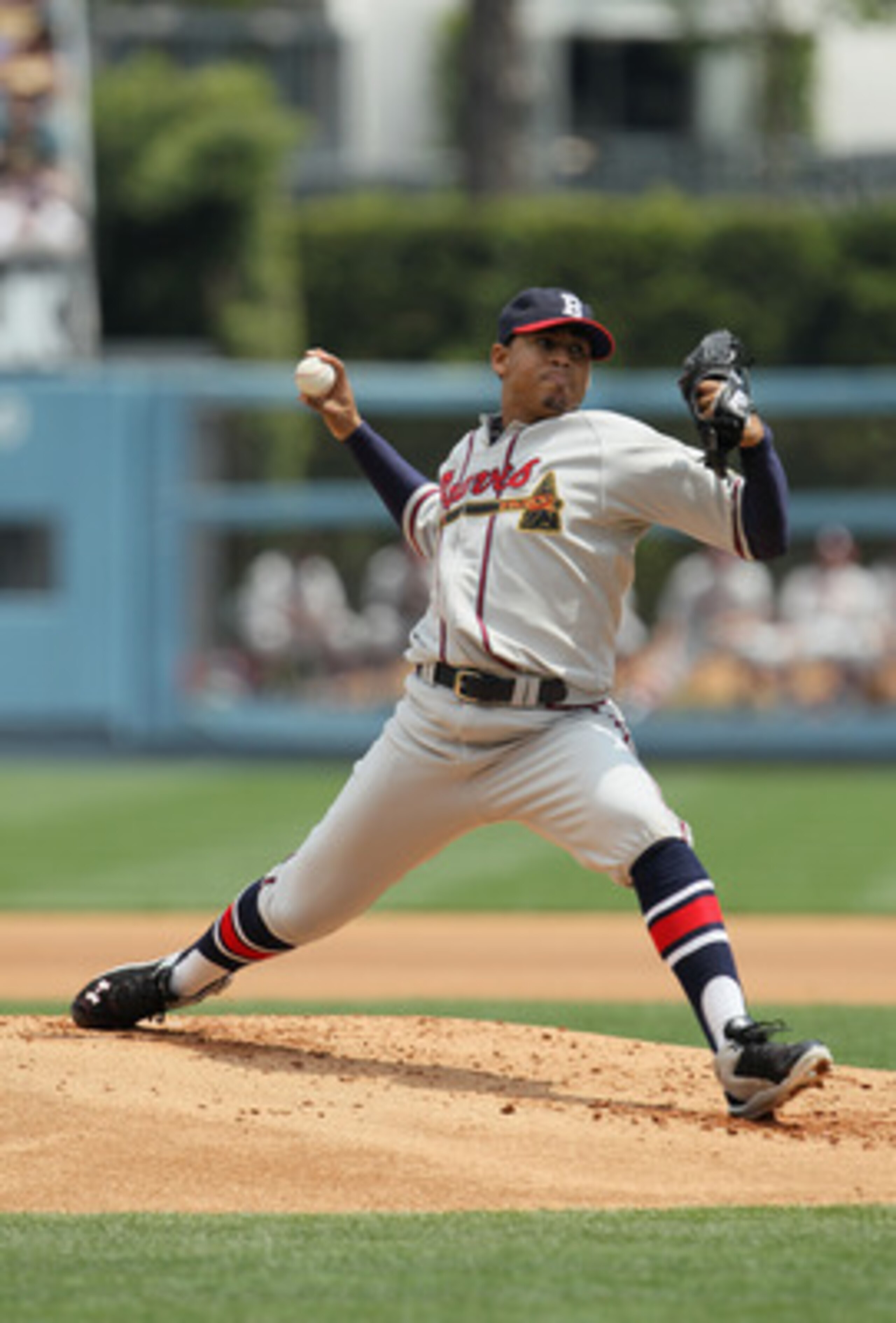 LOS ANGELES, CA - APRIL 21:  Jair Jurrjens #49 of the Atlanta Braves pitches against the Los Angeles Dodgers at Dodger Stadium on April 21, 2011 in Los Angeles, California.  (Photo by Jeff Gross/Getty Images)