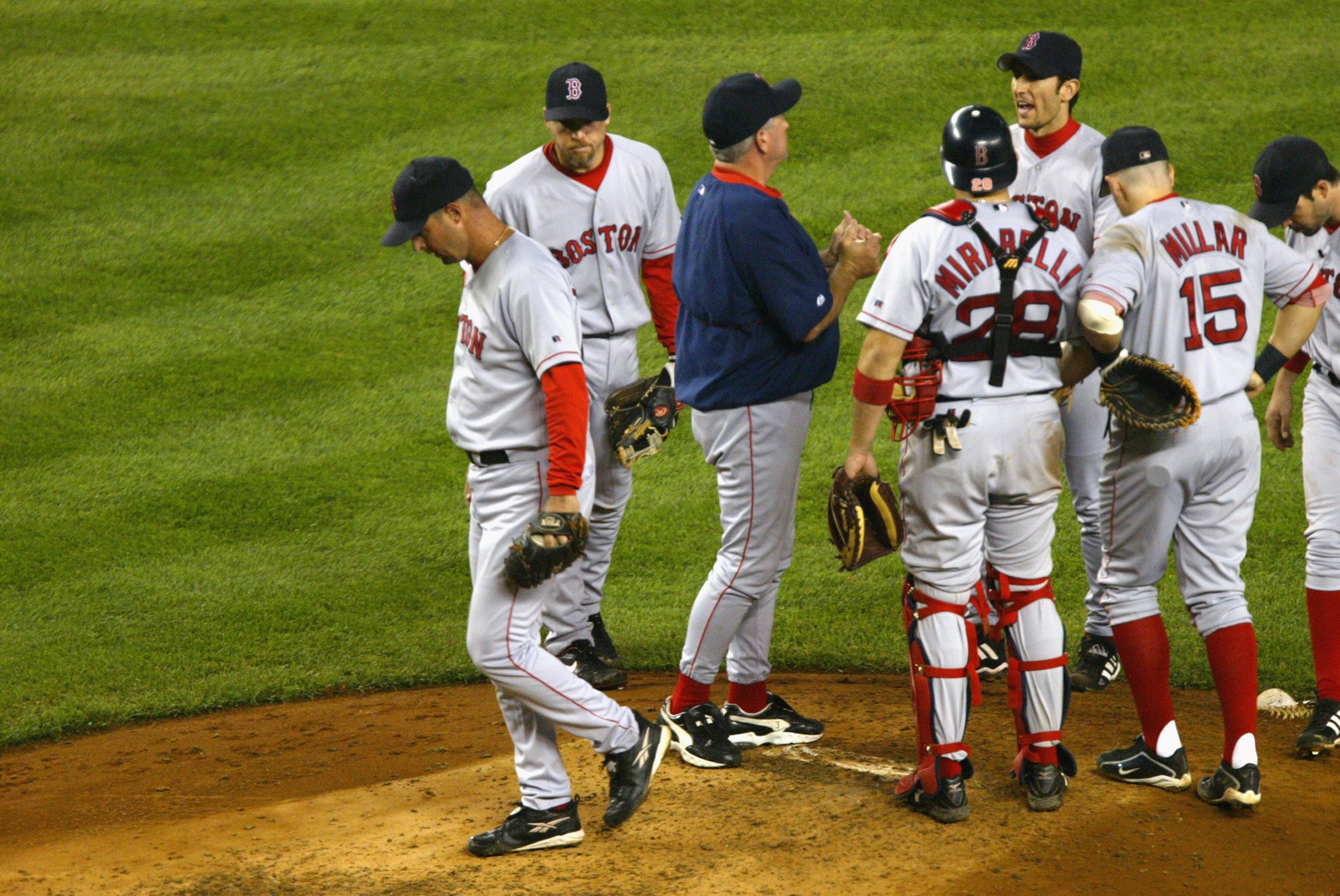 BRONX, NY - OCTOBER 8:  Starting pitcher Tim Wakefield  #49 of the Boston Red Sox is pulled by manager Grady Little during game 1 of the American League Championship Series against the New York Yankees on October 8, 2003 at Yankee Stadium in the Bronx, Ne