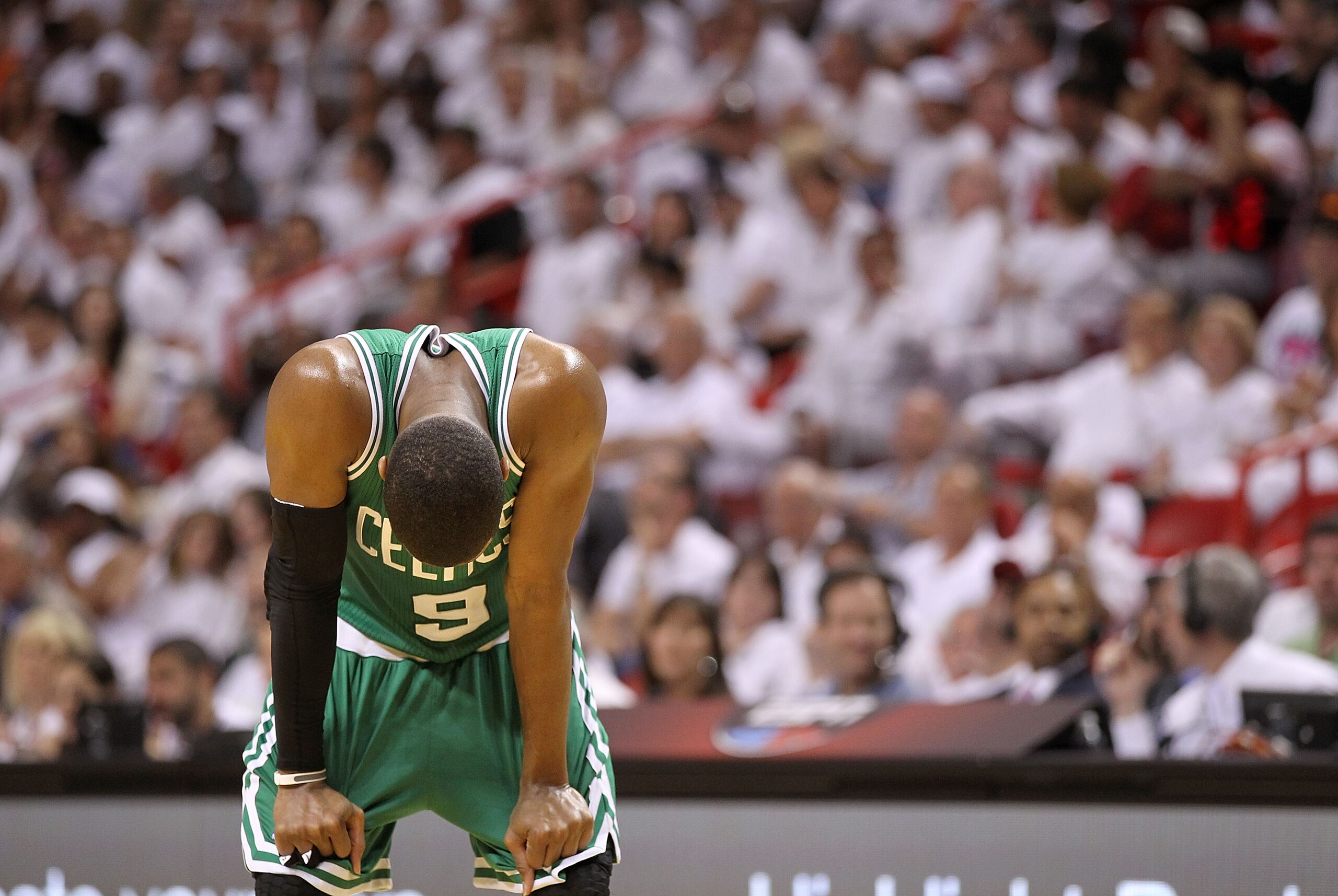 MIAMI, FL - MAY 01:  Rajon Rondo #9  of the Boston Celtics looks on  during Game One of the Eastern Conference Semifinals of the 2011 NBA Playoffs against the Miami Heat at American Airlines Arena on May 1, 2011 in Miami, Florida. NOTE TO USER: User expre