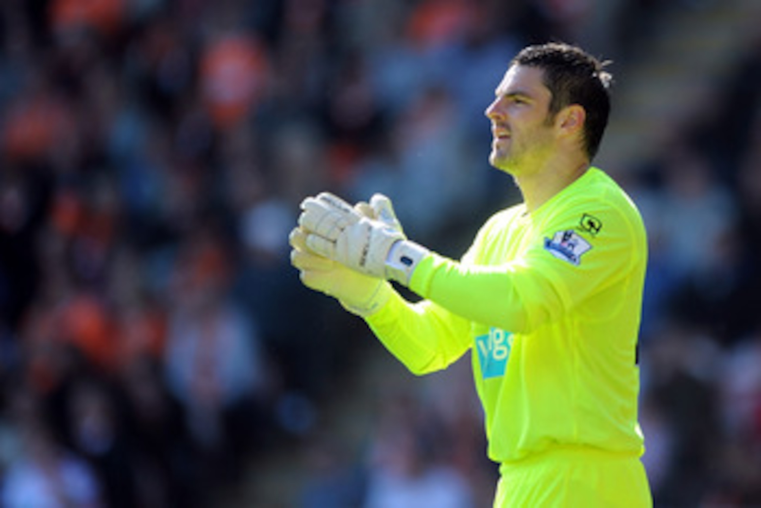 BLACKPOOL, ENGLAND - APRIL 16:  Matthew Gilks gestures during the Barclays Premier League match between Blackpool and Wigan Athletic at Bloomfield Road on April 16, 2011 in Blackpool, England.  (Photo by Chris Brunskill/Getty Images)