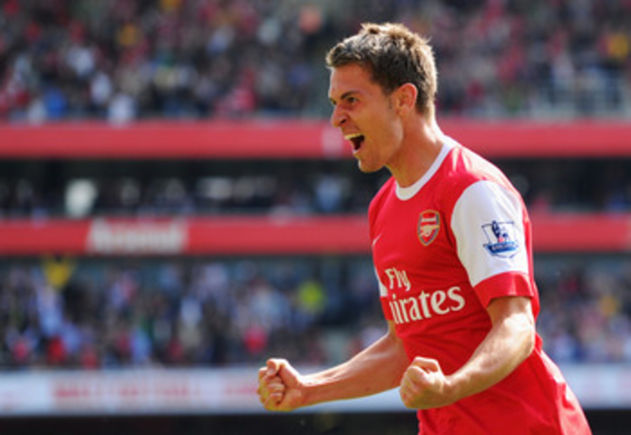 LONDON, ENGLAND - MAY 01: Aaron Ramsey of Arsenal celebrates as he scores their first goal during the Barclays Premier League match between Arsenal and Manchester United at the Emirates Stadium on May 1, 2011 in London, England. (Photo by Mike Hewitt/Ge LONDON, ENGLAND - MAY 01: Aaron Ramsey of Arsenal celebrates as he scores their first goal during the Barclays Premier League match between Arsenal and Manchester United at the Emirates Stadium on May 1, 2011 in London, England. (Photo by Mike Hewitt/Ge