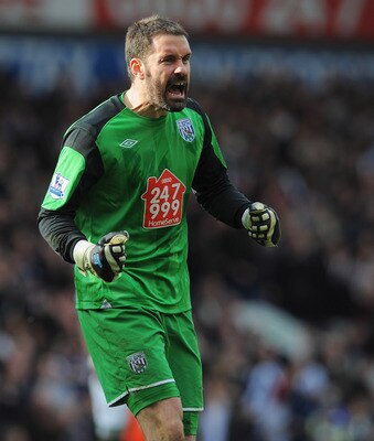 WEST BROMWICH, ENGLAND - APRIL 02: Scott Carson of West Brom celebrates after the Barclays Premier League match between West Bromwich Albion and Liverpool at The Hawthorns on April 2, 2011 in West Bromwich, England.  (Photo by Michael Regan/Getty Images)
